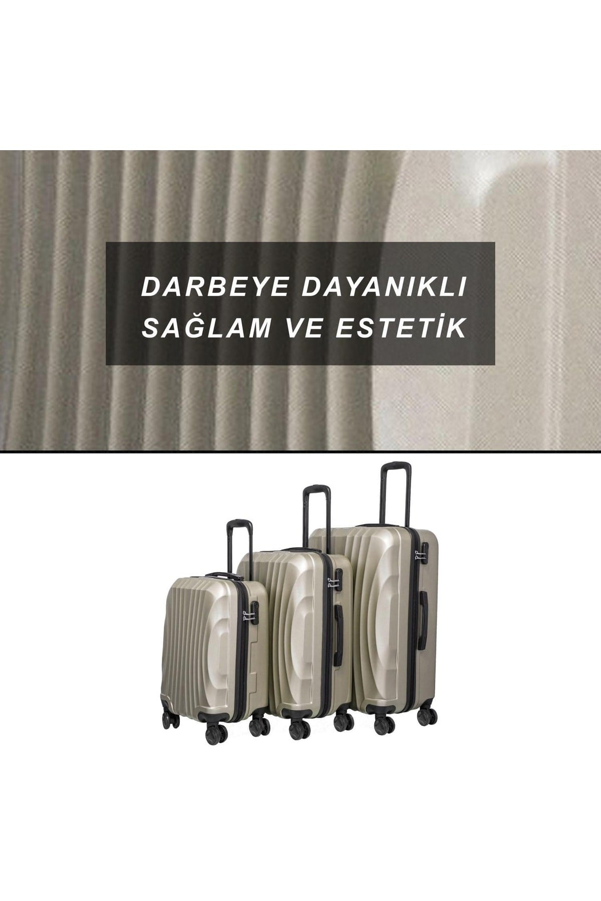 Wavy Abs Kabin Orta Ve Büyük Boy 3lü Kırılmaz Valiz Seti Gold