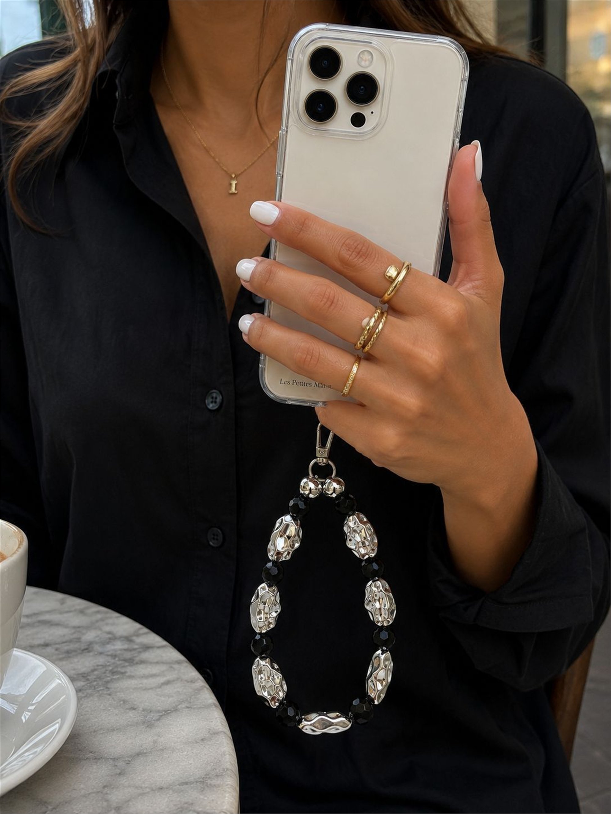 Iconic Siyah Gümüş Dövme Boncuklu Telefon Askısı, Boncuklu Telefon Charmı ve Çanta Aksesuarı