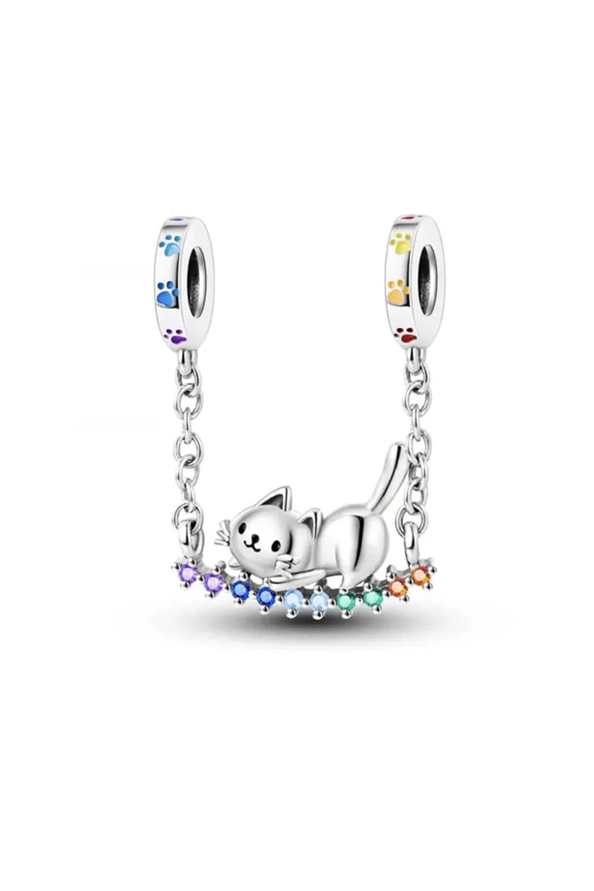 Sallanan Kedi Taşlı Zincirli Charm