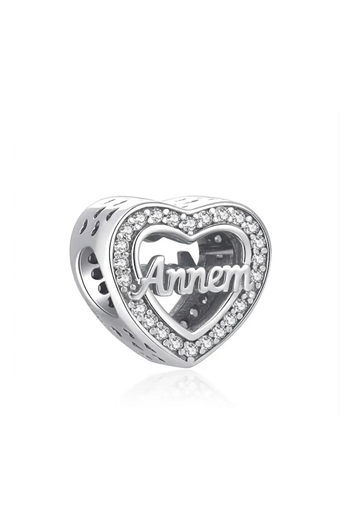 Taşlı Annem Yazılı Kalp Charm