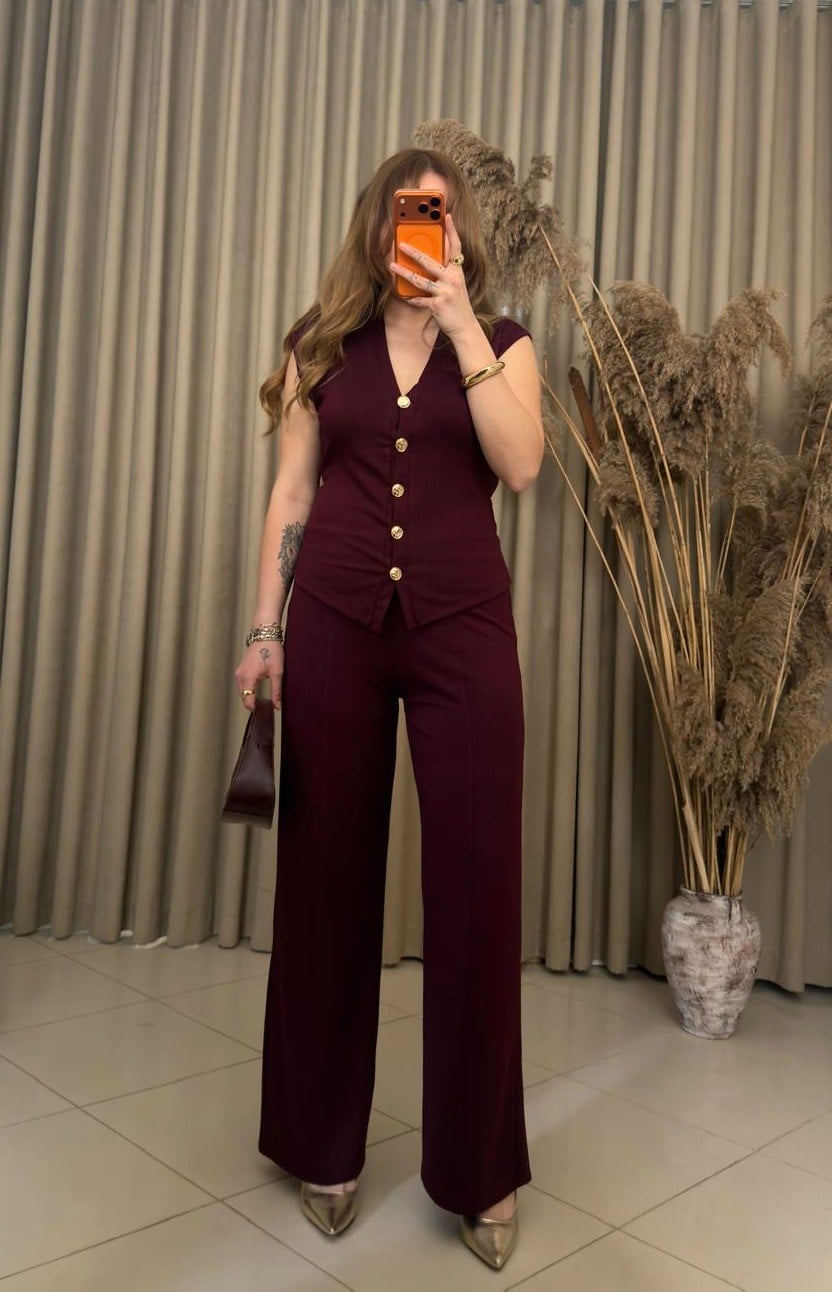 Kahve Modal Gold Düğmeli Takım