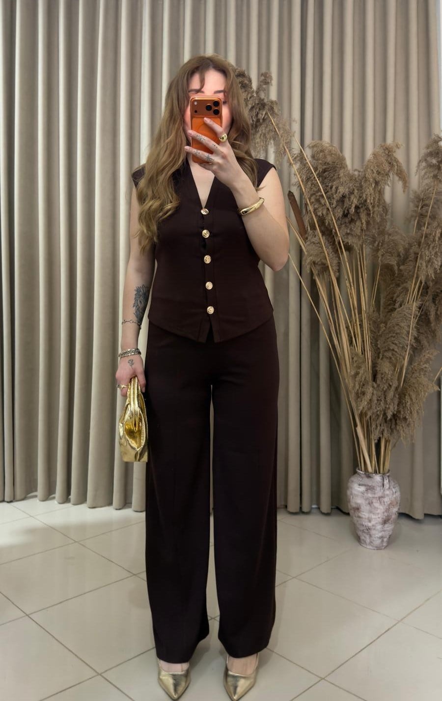 Kahve Modal Gold Düğmeli Takım