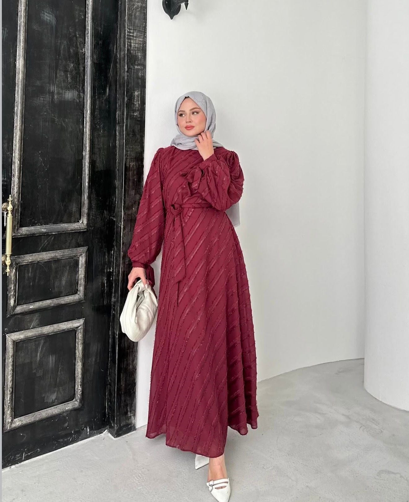 Bordo Işıltılı Kuşaklı - Elbise