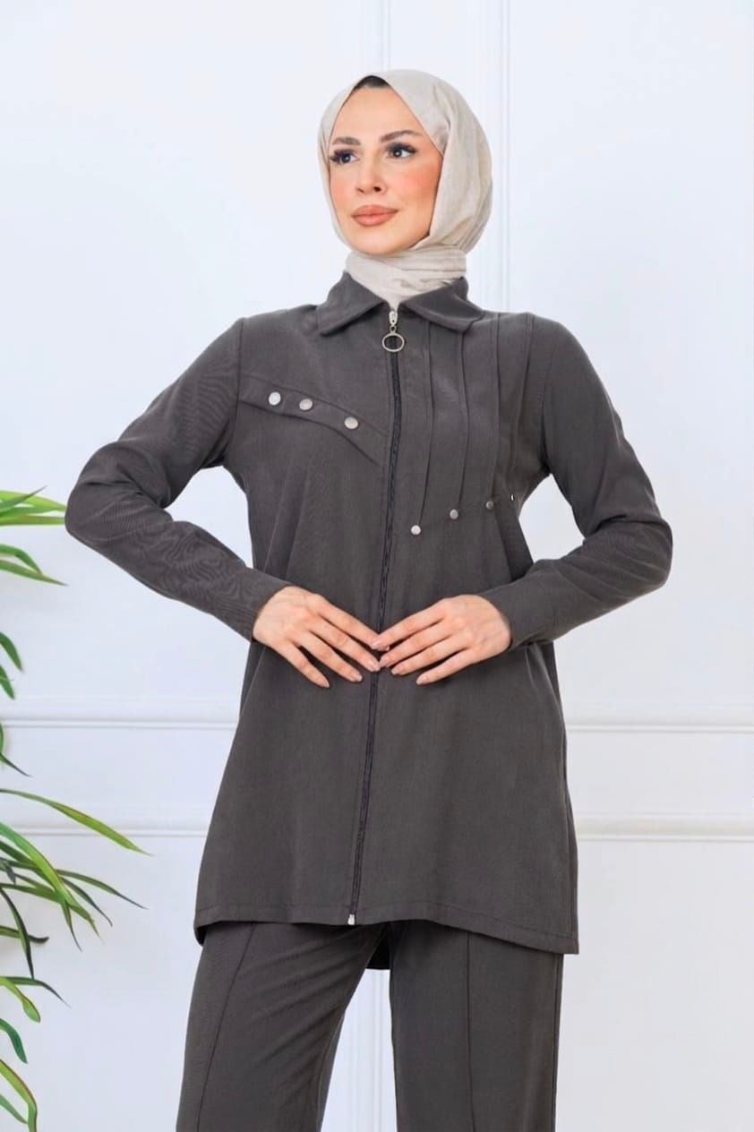 Fermuarlı Önü Aksesuar Detaylı Pantolon - Takım