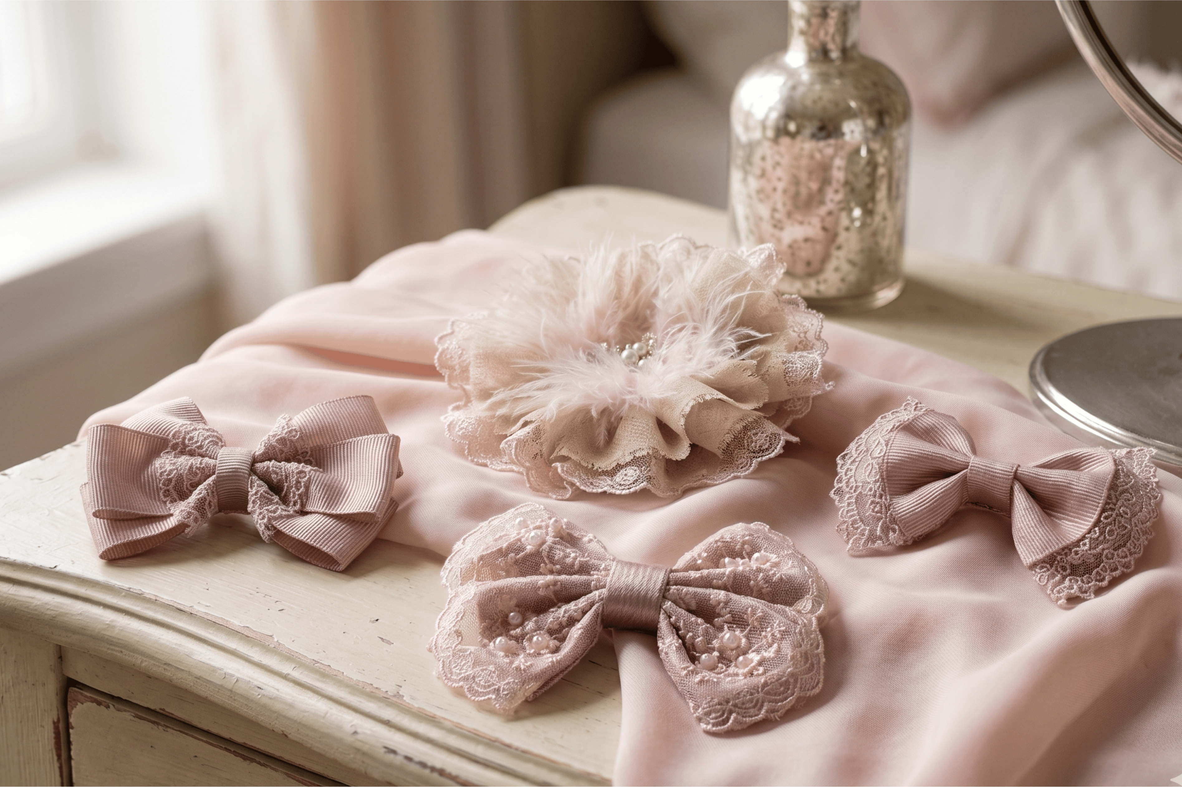 Little Princess Dantel ve İnci Detaylı 4'lü Özel Tasarım Toka Seti - Pudra Pembe