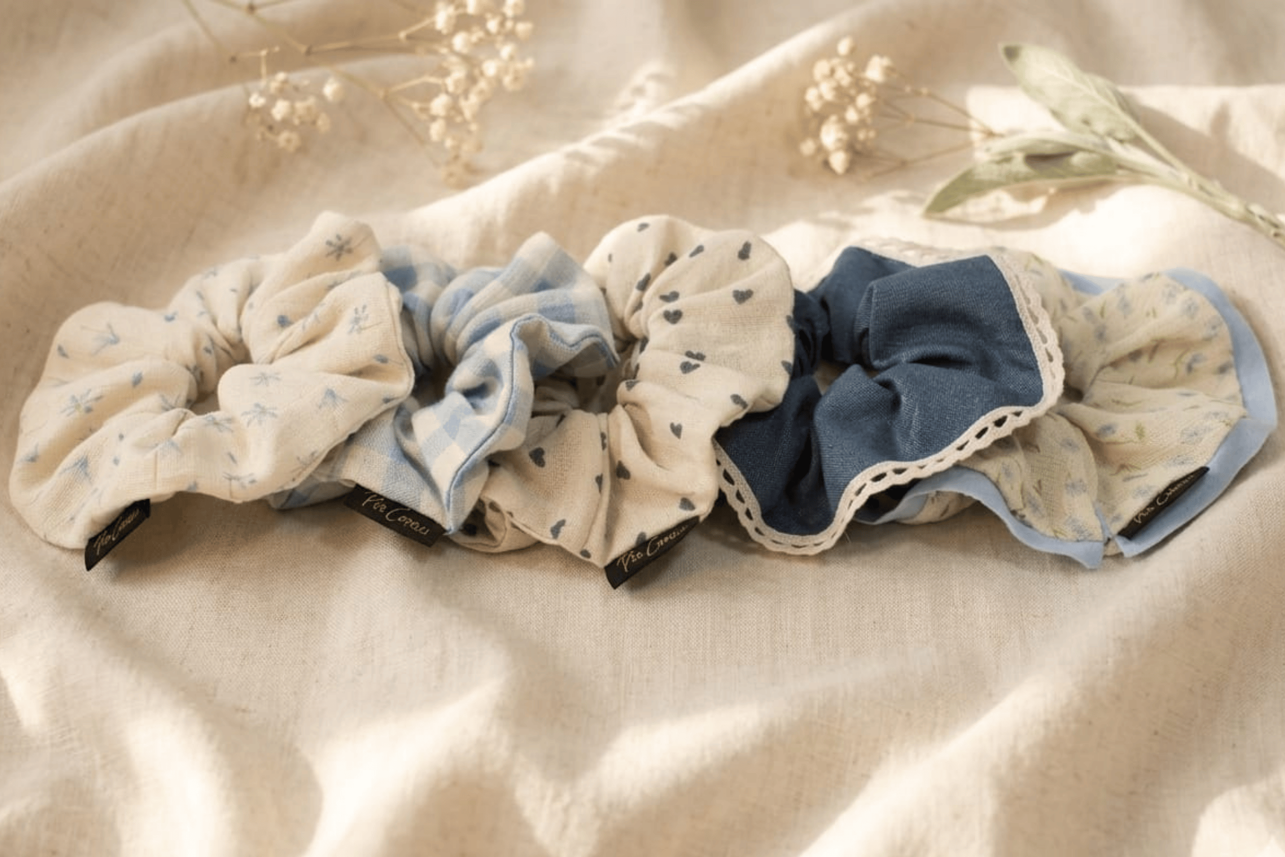 Pure Muse: 5'li Organik Müslin Scrunchie Seti | Per Capelli® - Mavi