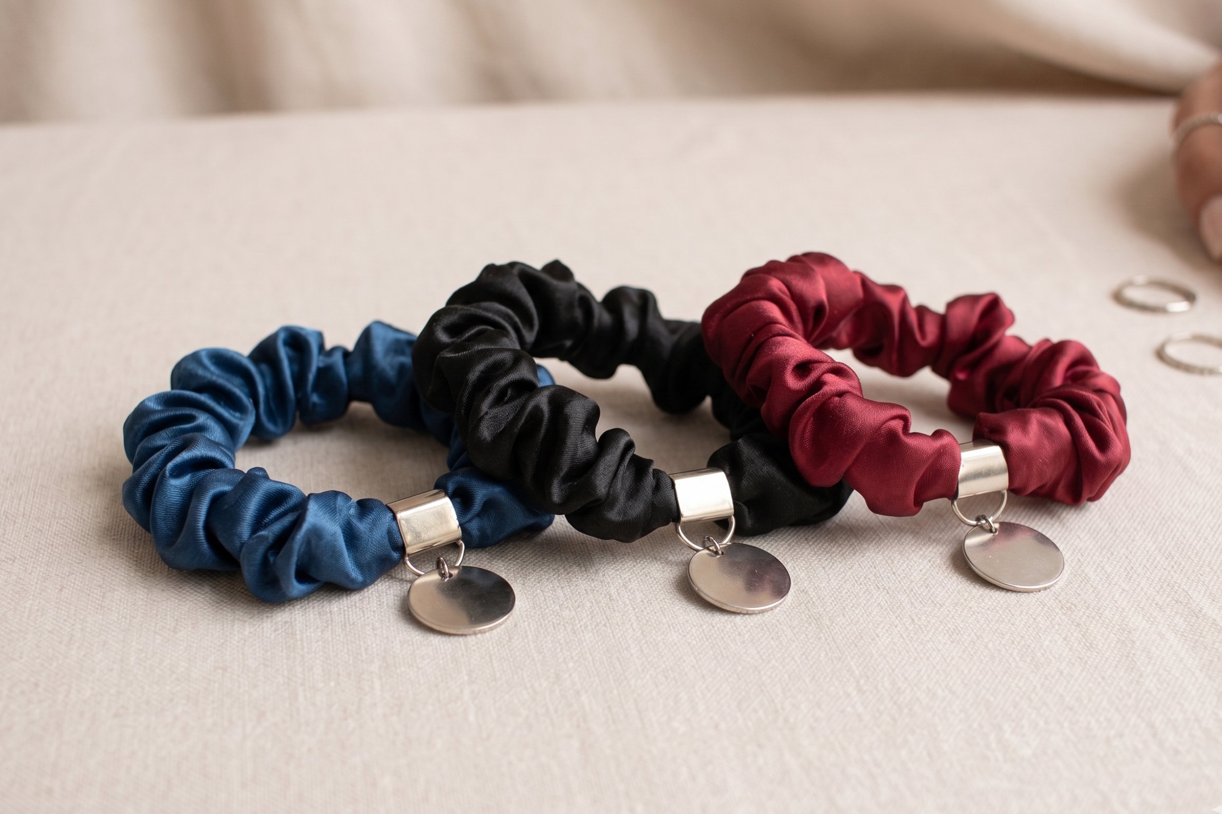 Satin Skinny 3'lü Metal Charm Detaylı Saten Toka Seti | Per Capelli®  Petrol-Siyah-Bordo