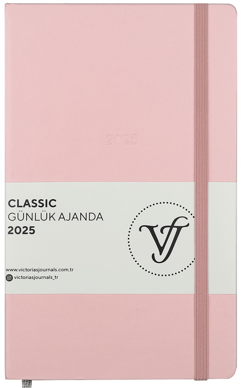PASİF VJ AJANDA 2025 GÜNLÜK 13x21 CLASSIC SERT KAPAK IVORY 70 GR LASTİKLİ PEMBE 384 SF. 124-1453
