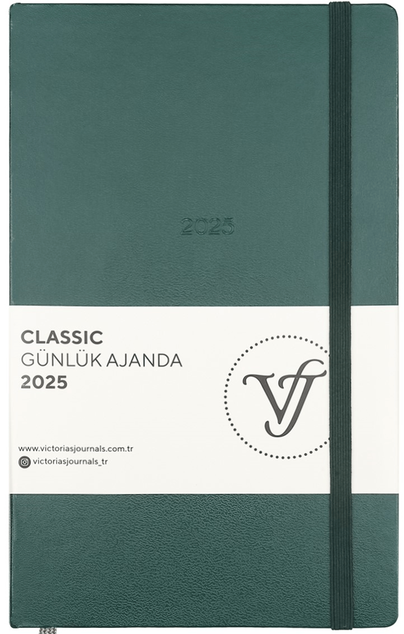 PASİF VJ AJANDA 2025 GÜNLÜK 13x21 CLASSIC SERT KAPAK IVORY 70 GR LASTİKLİ YEŞİL 384 SF. 124-1450