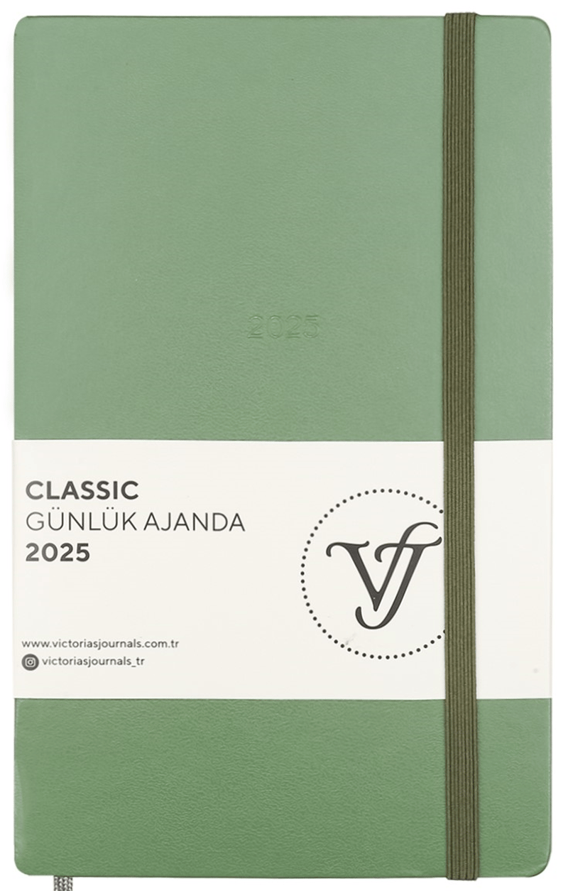 PASİF VJ AJANDA 2025 GÜNLÜK 13x21 CLASSIC SERT KAPAK IVORY 70 GR LASTİKLİ ZEYTİN YEŞİLİ 384 SF. 124-