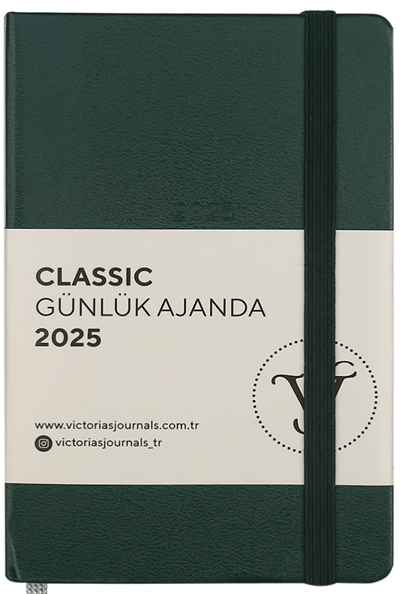 PASİF VJ AJANDA 2025 GÜNLÜK 9x14 CLASSIC SERT KAPAK IVORY 70 GR LASTİKLİ YEŞİL 384 SF. 124-1486