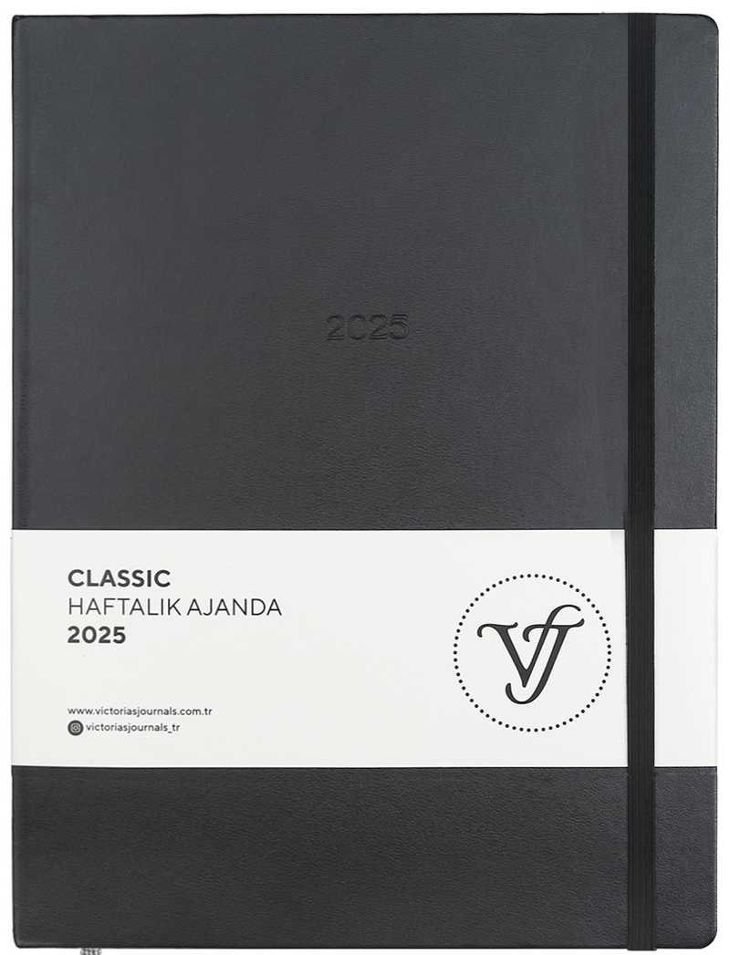 PASİF VJ AJANDA 2025 HAFTALIK 19x25 CLASSIC SERT KAPAK IVORY 100 GR LASTİKLİ SİYAH 144 SF. 124-1401