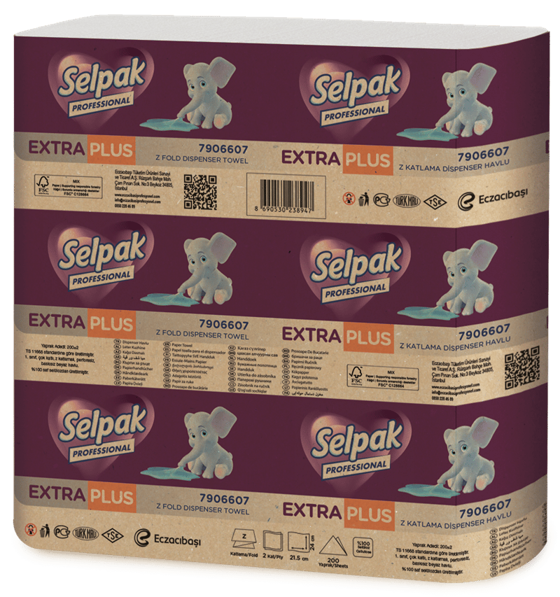 SELPAK Z KATLI EXTRA DİSPENSER HAVLU PLUS 21,5x24 Cm.200 LÜ 5,2 KG (KOLİ=200 LÜ x 12 PK) FSC BELGELİ