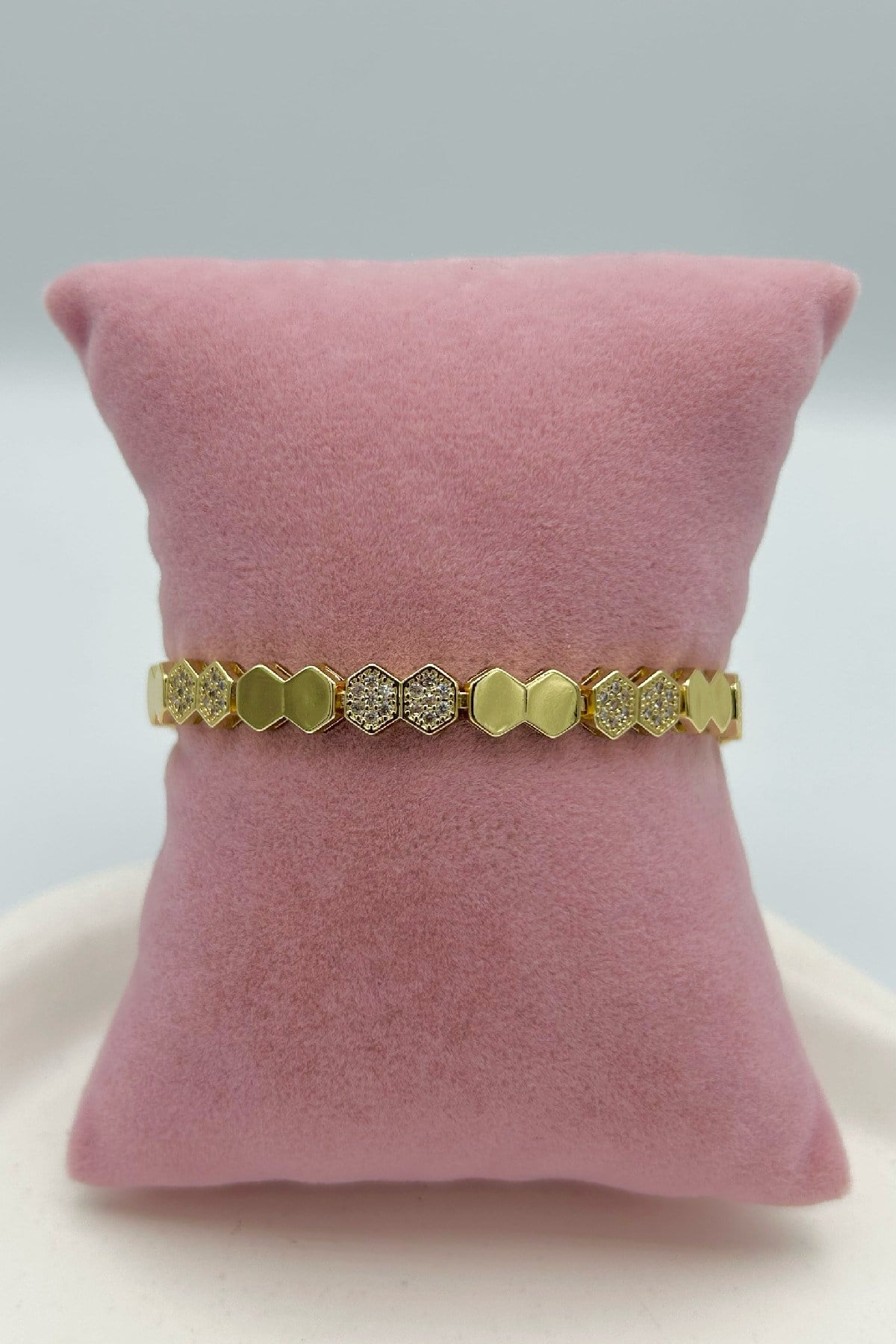 14K Altın Kaplama Petek Model Taşlı Kadın Bileklik - Ayarlanabilir (16 cm+ 2 cm)
