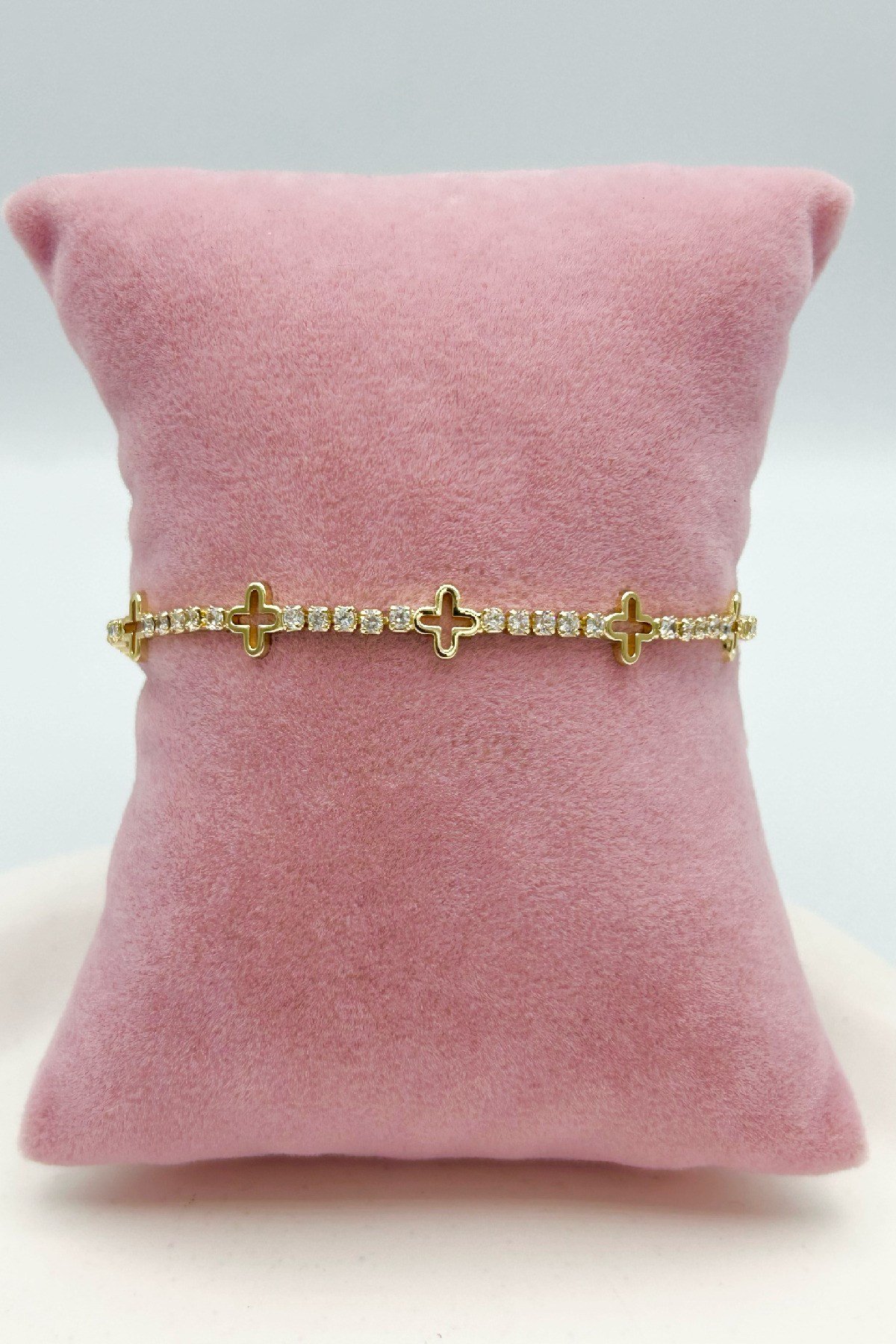 14K Altın Kaplama Premium Yonca Detaylı Işıltılı Bileklik - Ayarlanabilir (17 cm+2 cm)