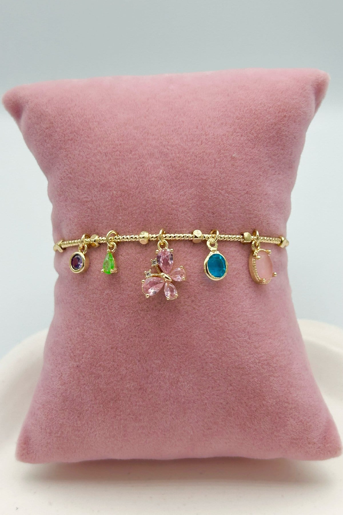 Pembe Kristal Taşlı Gold Renk Kadın Charmlı Bileklik - Ayarlanabilir