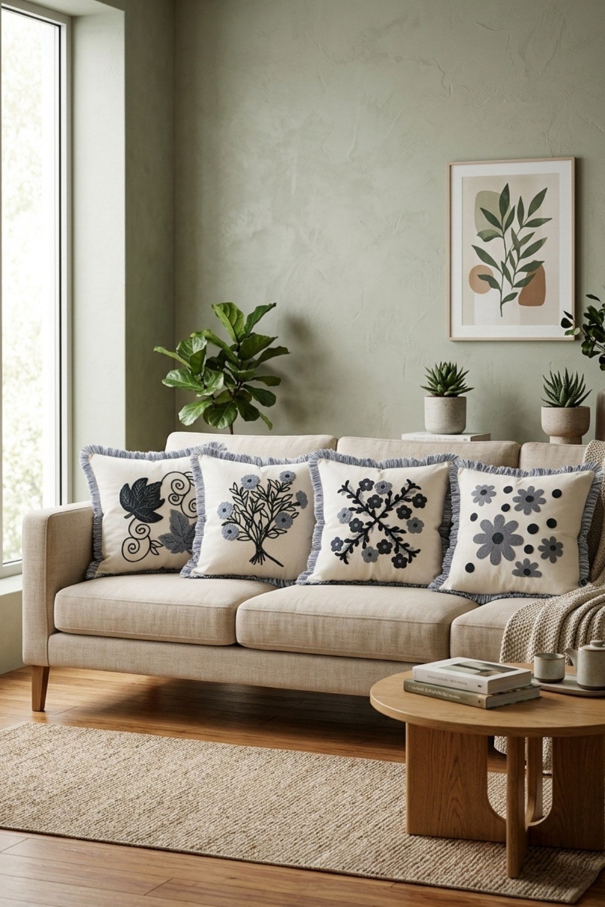 Punch Nakış Desenli Fırfırlı & Saçaklı Modern 4’lü Kırlent Seti Enerjik & Şık Salon Dekoru & Desenli Keten Kırlent Kılıfı