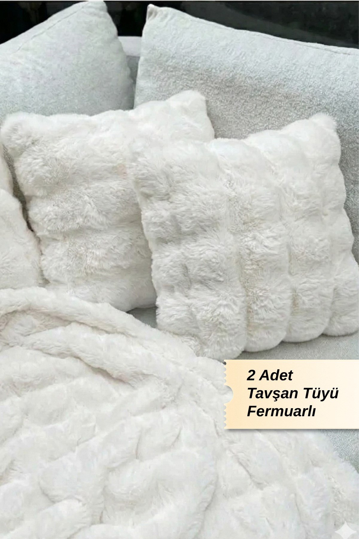 Bubble & Tavşan Tüyü Dokulu 2'li Kırlent Kılıfı
