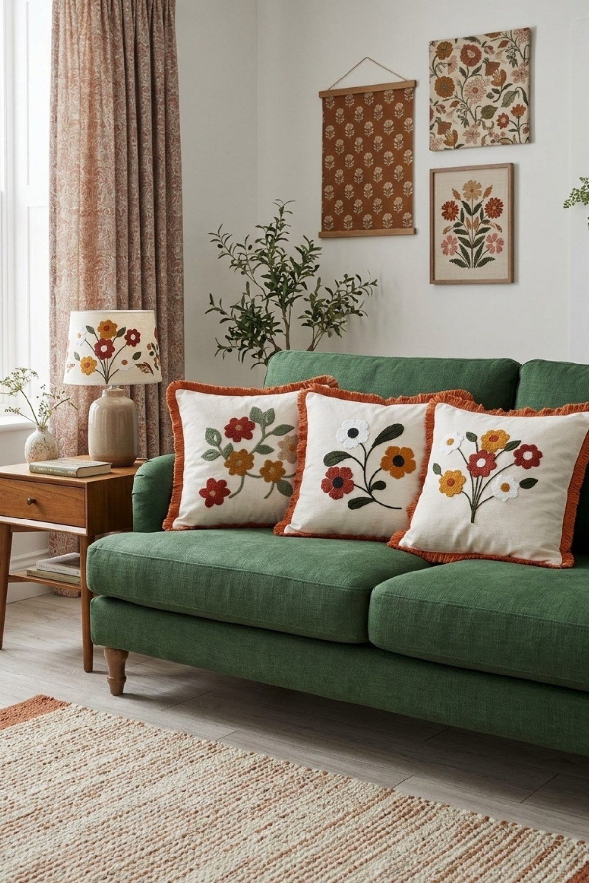Punch Nakış Desenli Fırfırlı & Saçaklı Modern 3’lü Kırlent Seti Enerjik & Şık Salon Dekoru & Desenli Keten Kırlent Kılıfı
