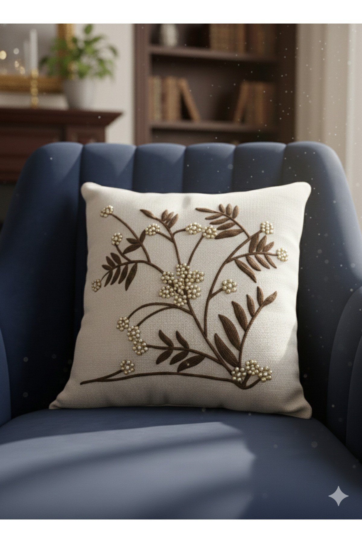 Pullu & Taşlı & Punch Nakışlı 1 Adet Kırlent Kılıfı, Sütlü Kahve-Krem-Beyaz-Gold, 43 x 43