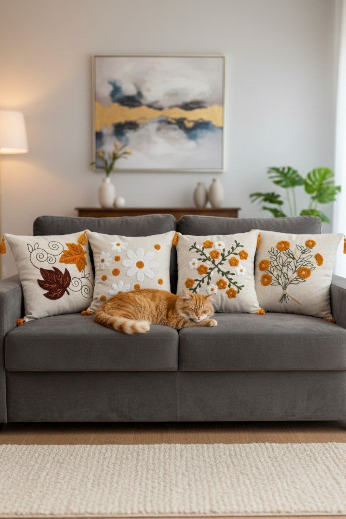 Punch Nakışlı 4 Adet Kırlent Kılıfı, Gri, 43 x 43