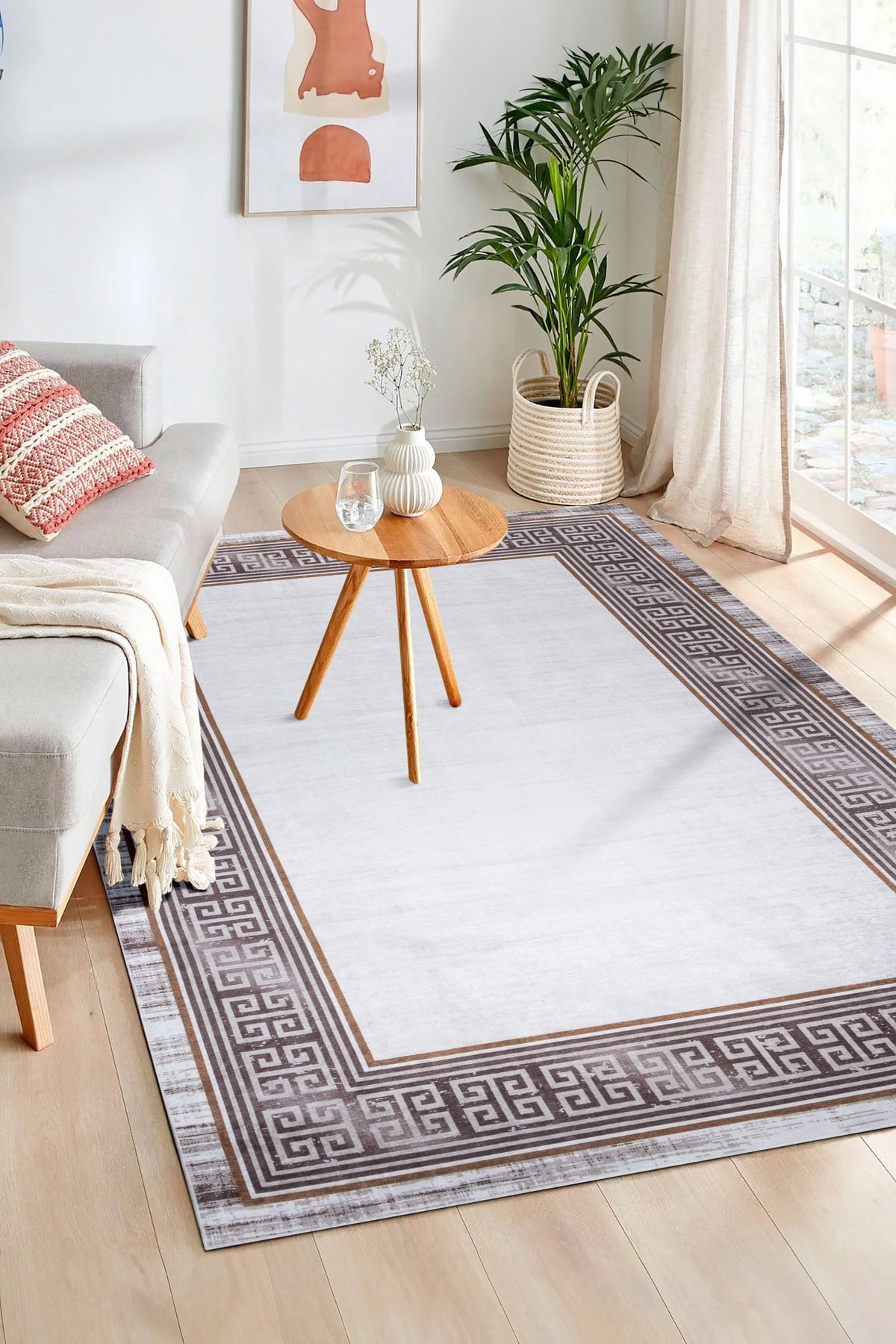 Eco Dijital Baskı Makinada Yıkanabilir Kaymaz Taban Dekoratif Halı Kahverengi 28320