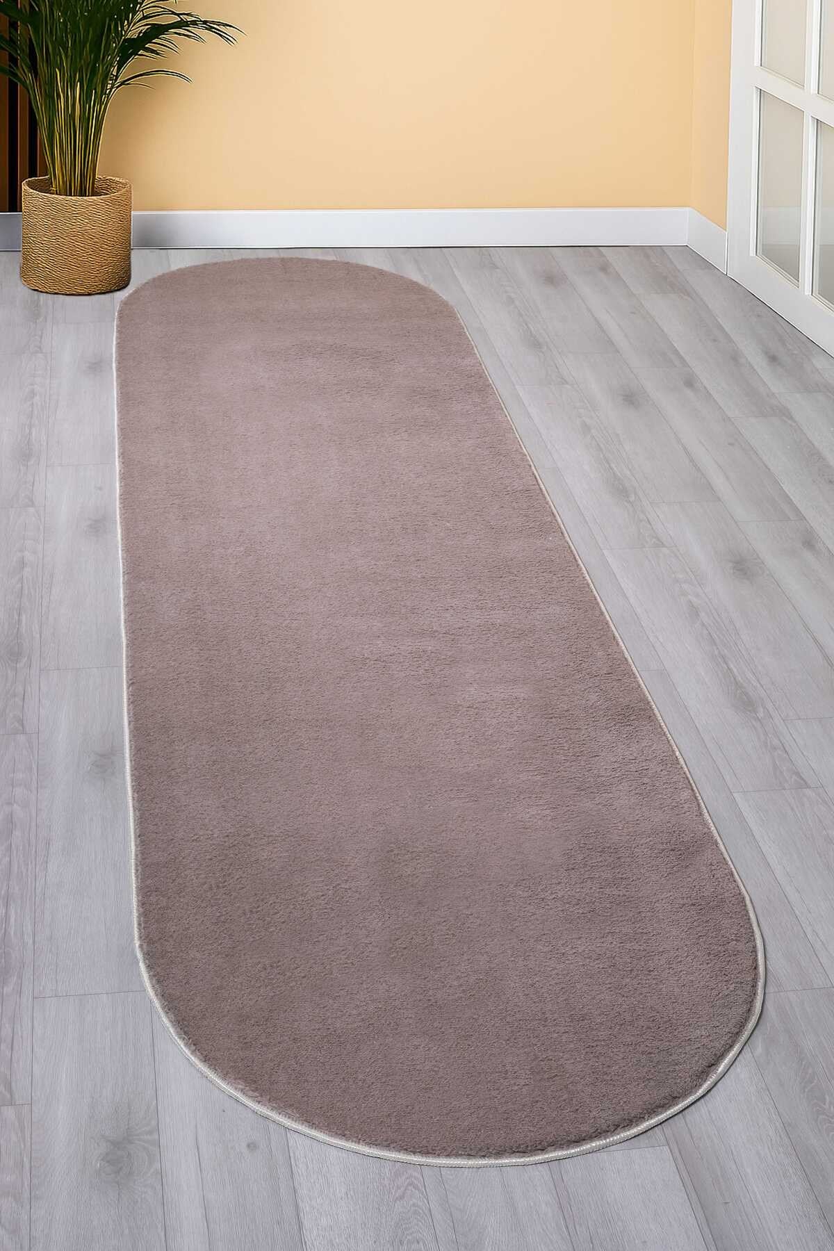 Kahverengi Oval Comfort Overloklu Peluş Yolluk Halı
