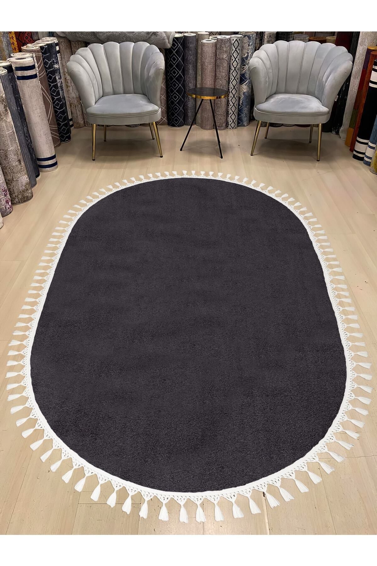 Oval Comfort Ponpon Saçaklı Peluş Halı Antrasit