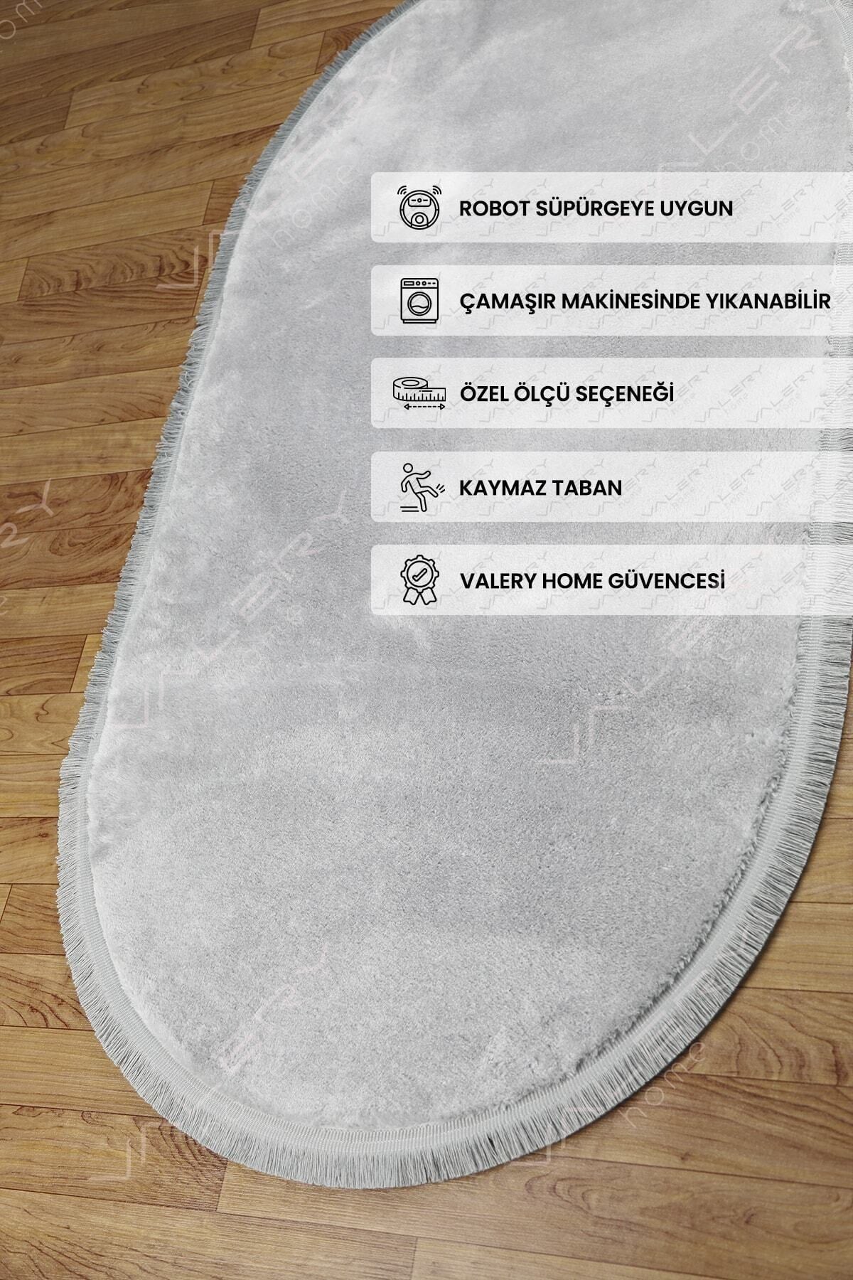 Vl Comfort Oval Düz Saçaklı Peluş Halı Gri