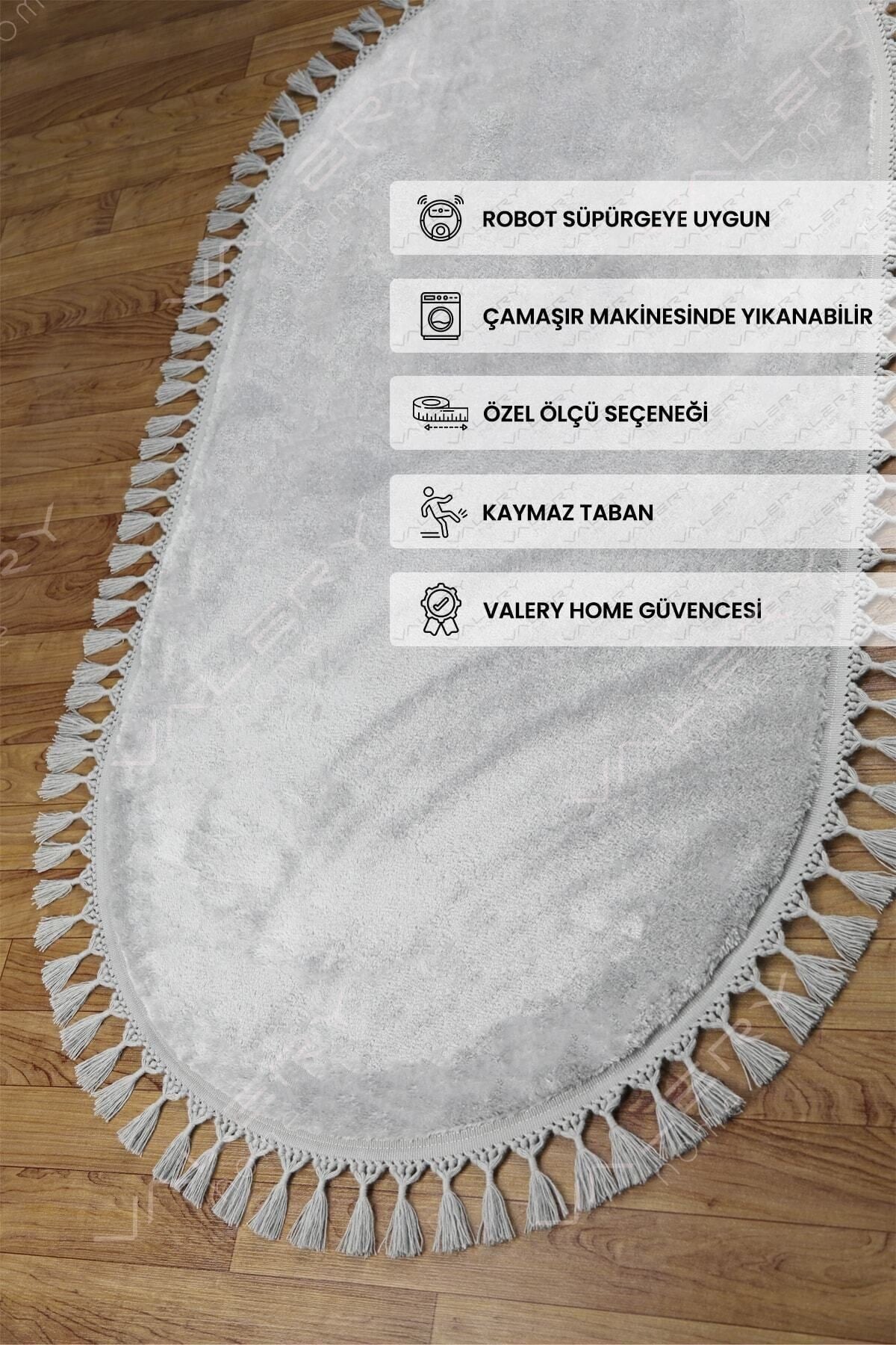 Vl Comfort Oval Ponpon Saçaklı Peluş Halı Gri