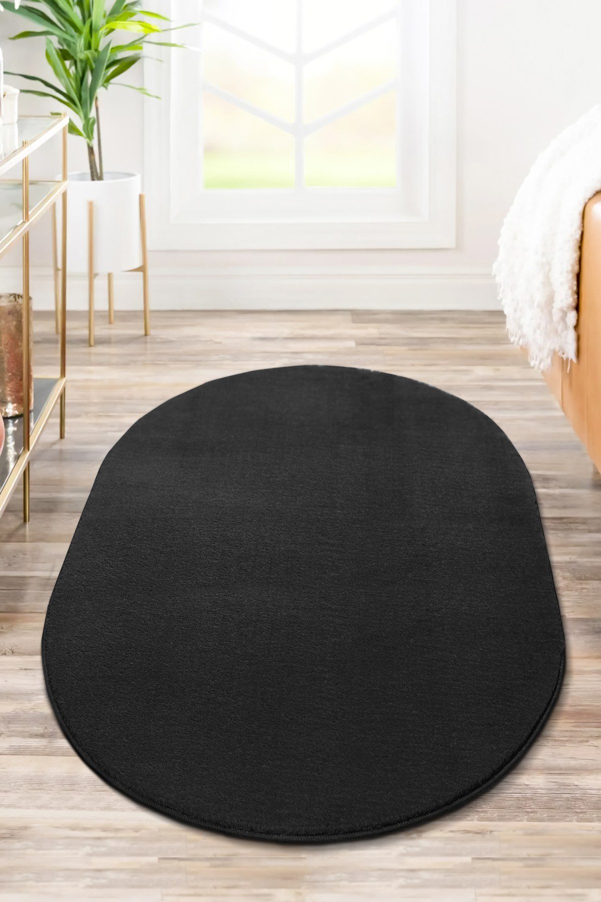 Vl Comfort Oval Saçaksız Peluş Yıkanabilir Siyah Yolluk