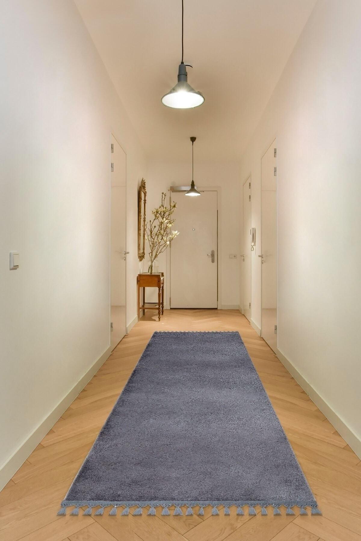 Vl Comfort Ponpon Saçaklı Peluş Düz Yolluk Antrasit