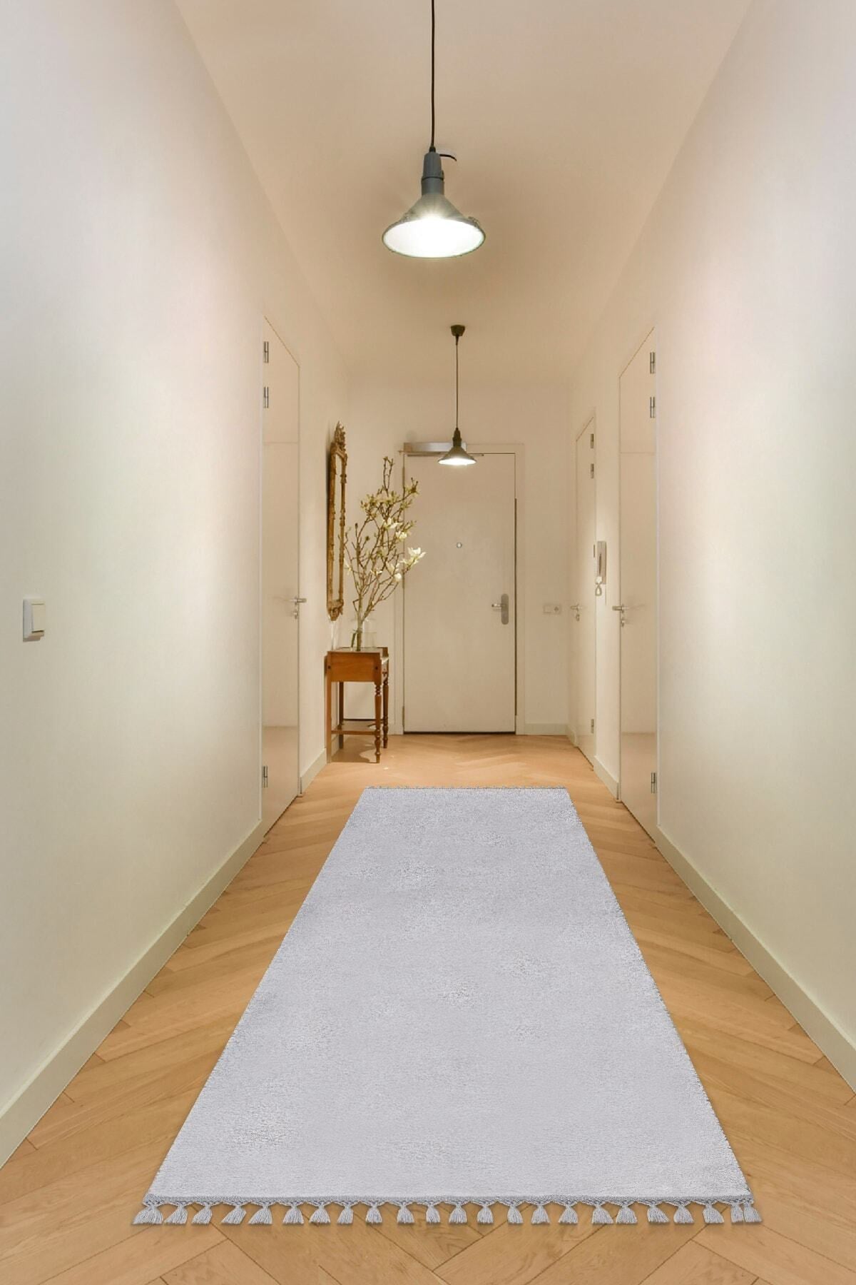 Vl Comfort Ponpon Saçaklı Peluş Düz Yolluk Açık Gri