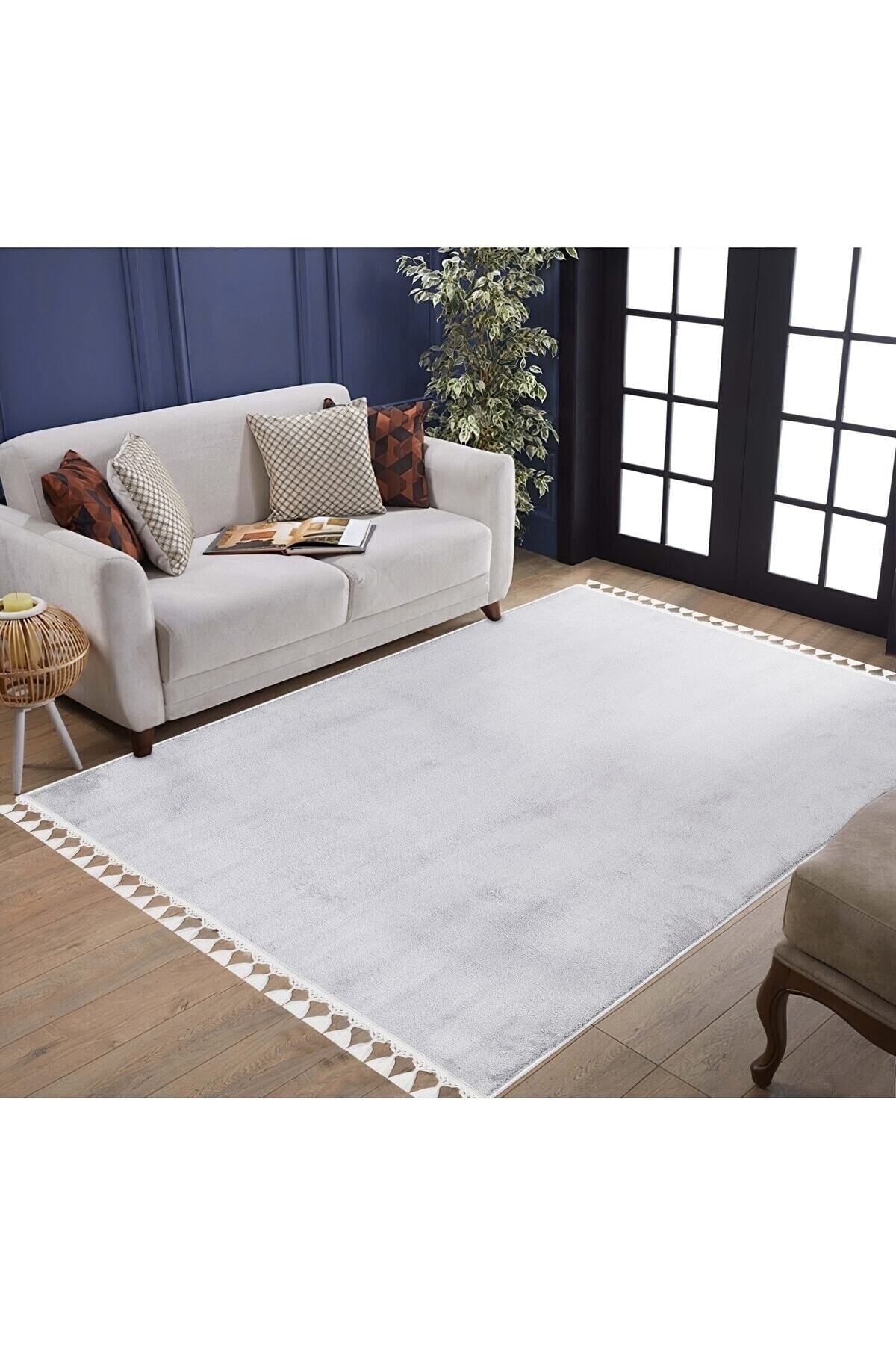 Vl Comfort Ponpon Saçaklı Peluş Halı Açık Gri