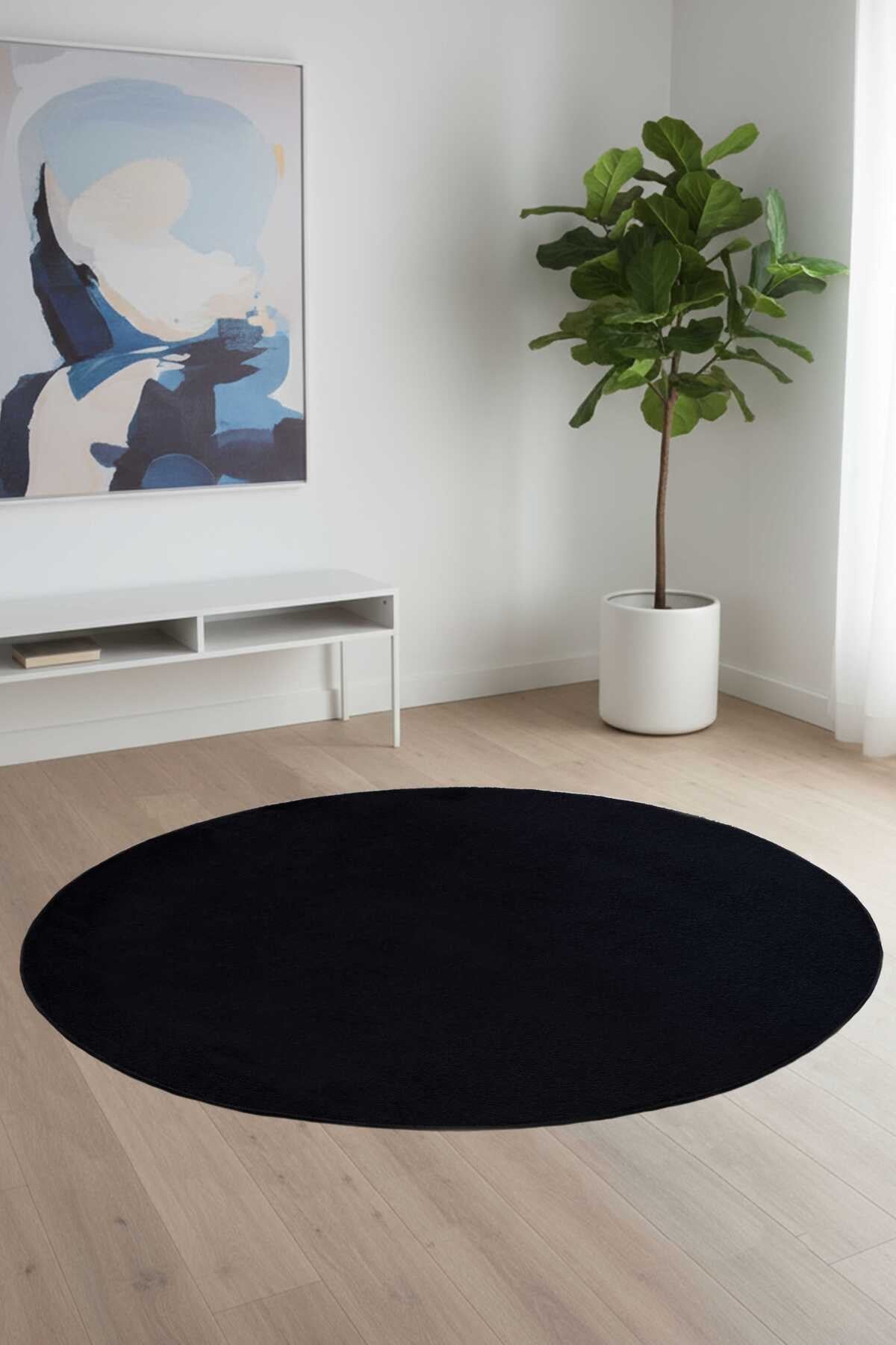 Vl Comfort Yuvarlak Overloklu Peluş Yıkanabilir Siyah Yolluk