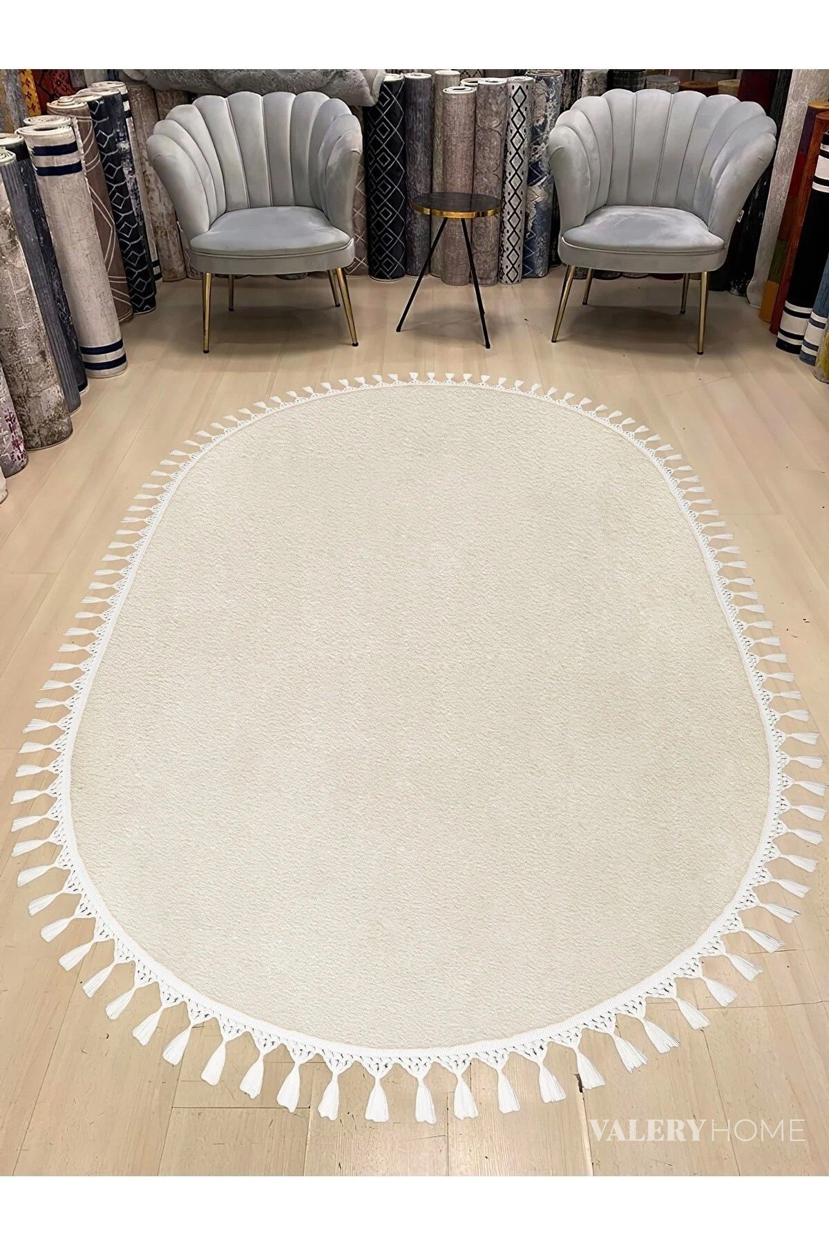 Vl Oval Comfort Ponpon Saçaklı Peluş Halı Ekru