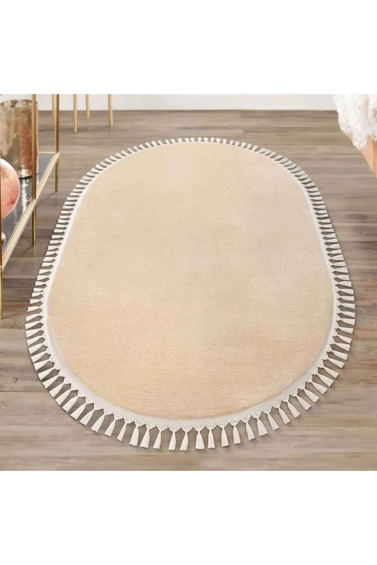 Vl Oval Comfort Ponpon Saçaklı Peluş Halı Bej