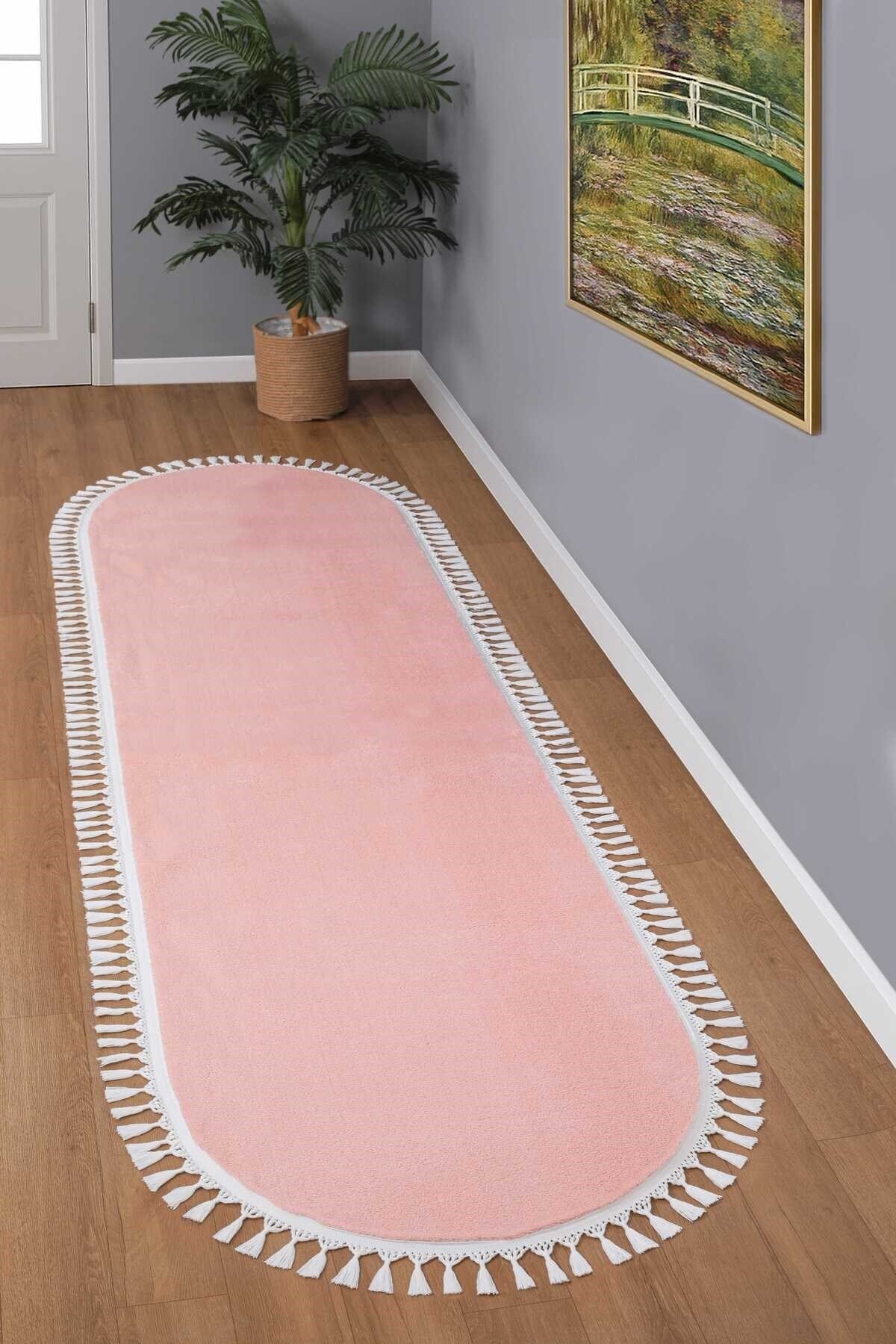 Vl Oval Comfort Ponpon Saçaklı Peluş Yolluk Halı Pembe