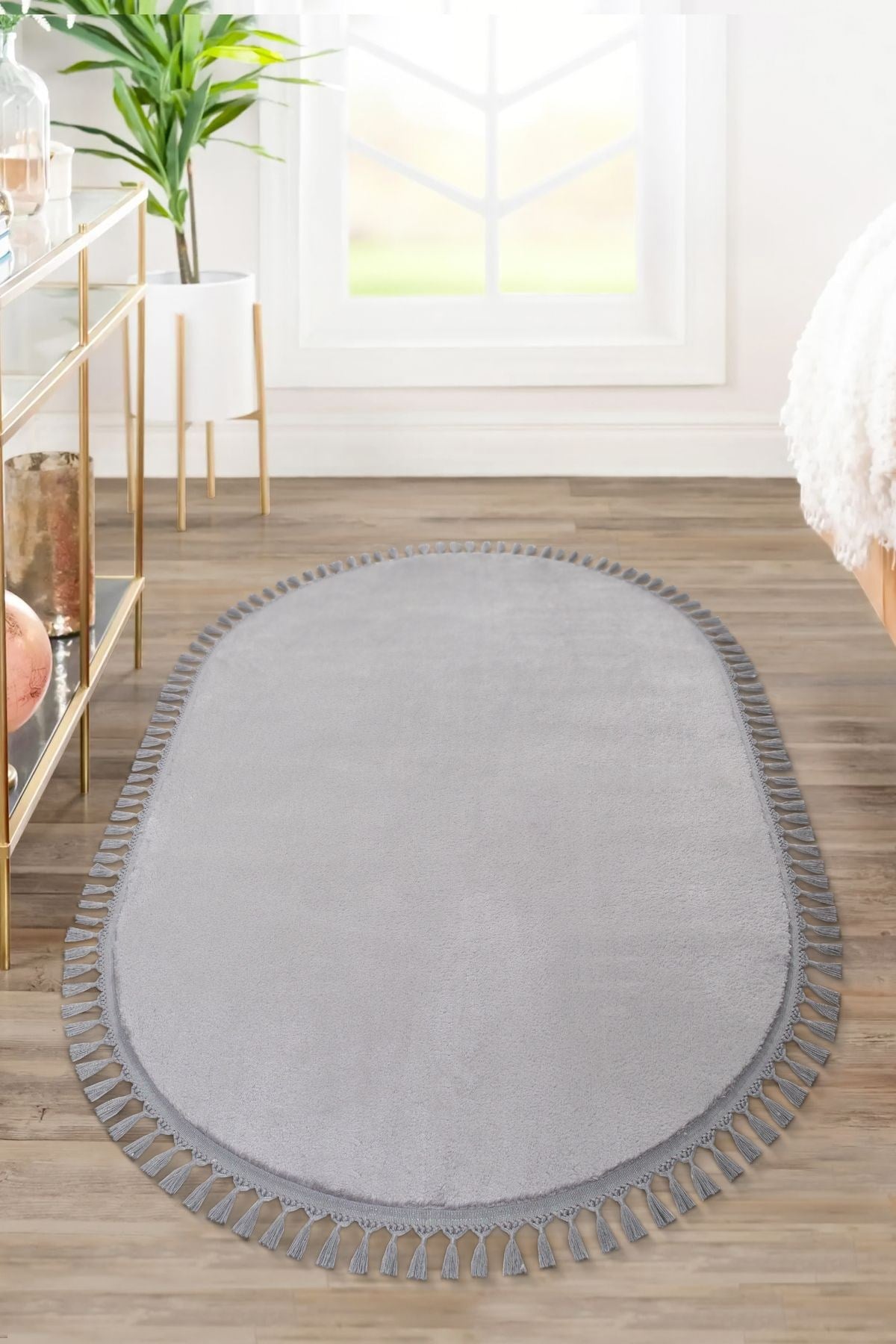 Vl Oval Comfort Ponpon Saçaklı Peluş Yolluk Açık Gri