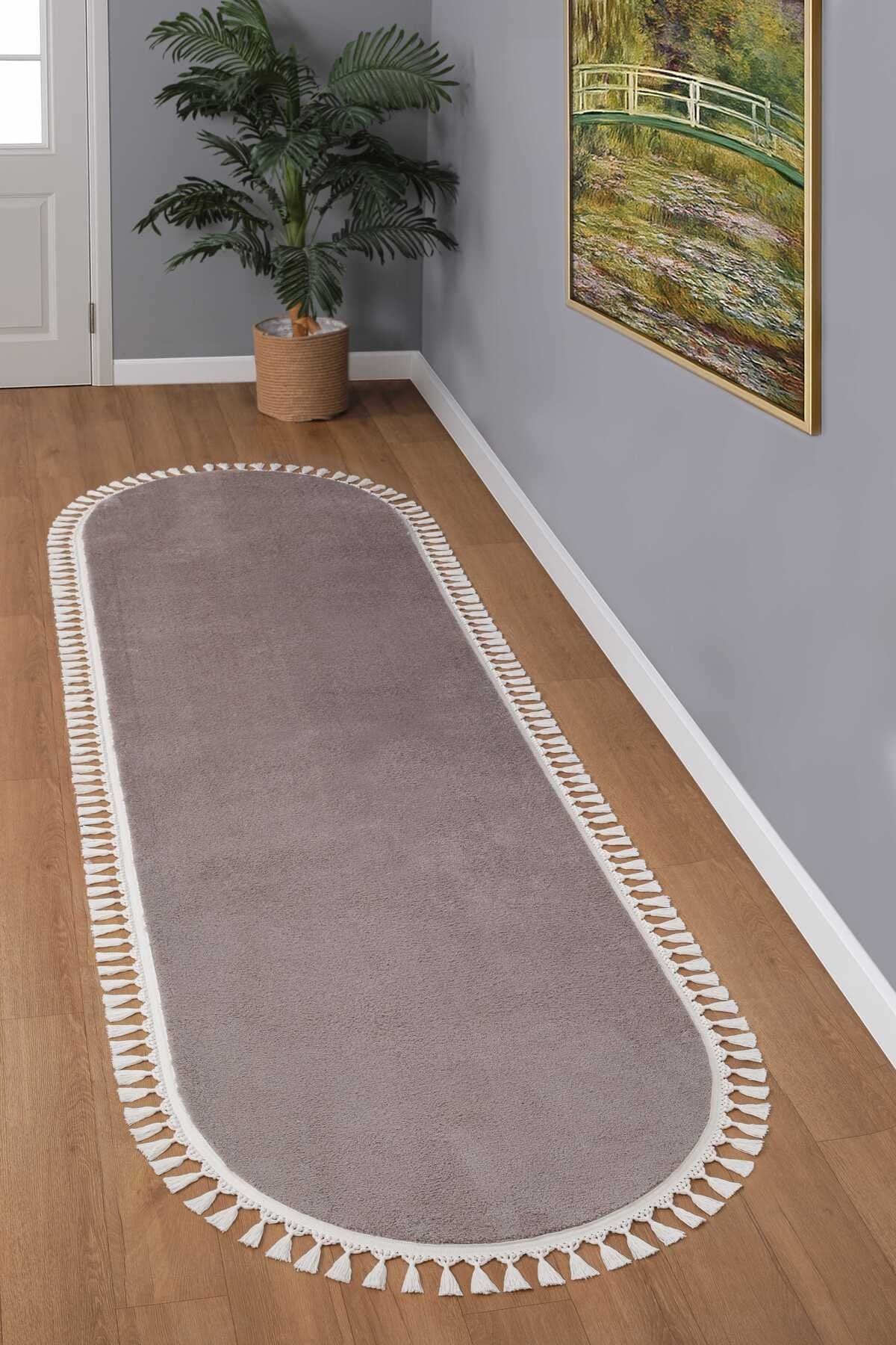 Vl Oval Comfort Ponpon Saçaklı Peluş Yolluk Halı Kahverengi Pon Pon Ekru