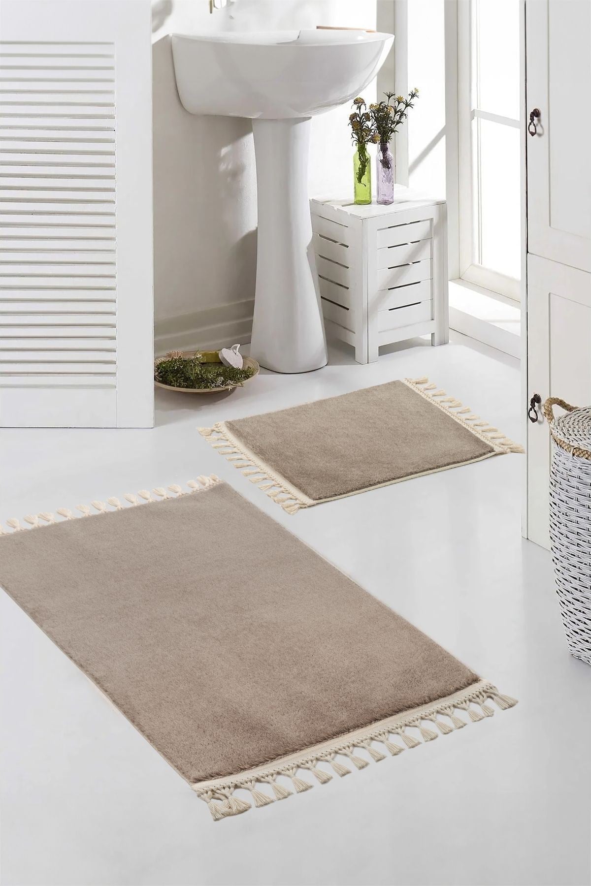 Vl Yıkanabilir Premium Ponpon Saçaklı Kaymaz Taban Post Peluş Banyo Paspası 2'li Takım Kahverengi