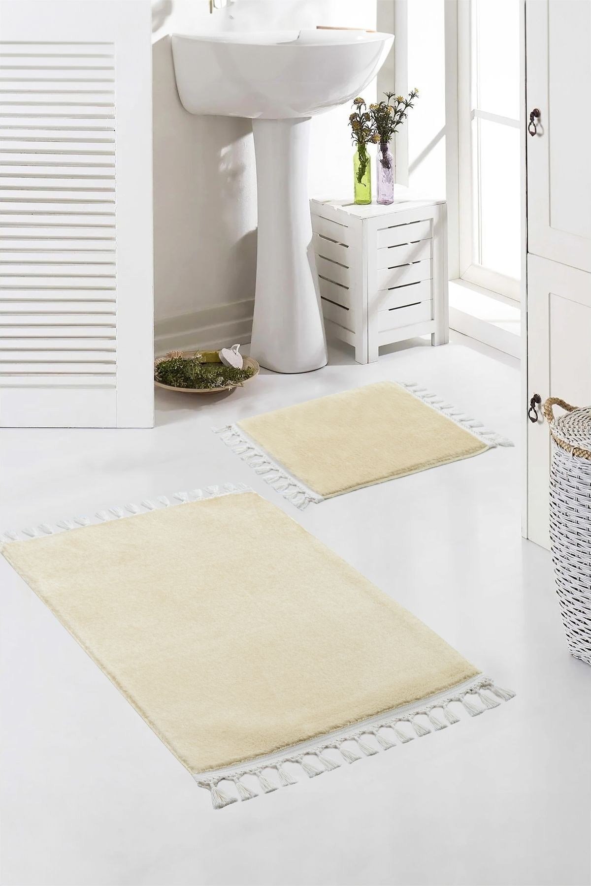 Vl Yıkanabilir Premium Ponpon Saçaklı Kaymaz Taban Post Peluş Banyo Paspası 2'li Takım Ekru