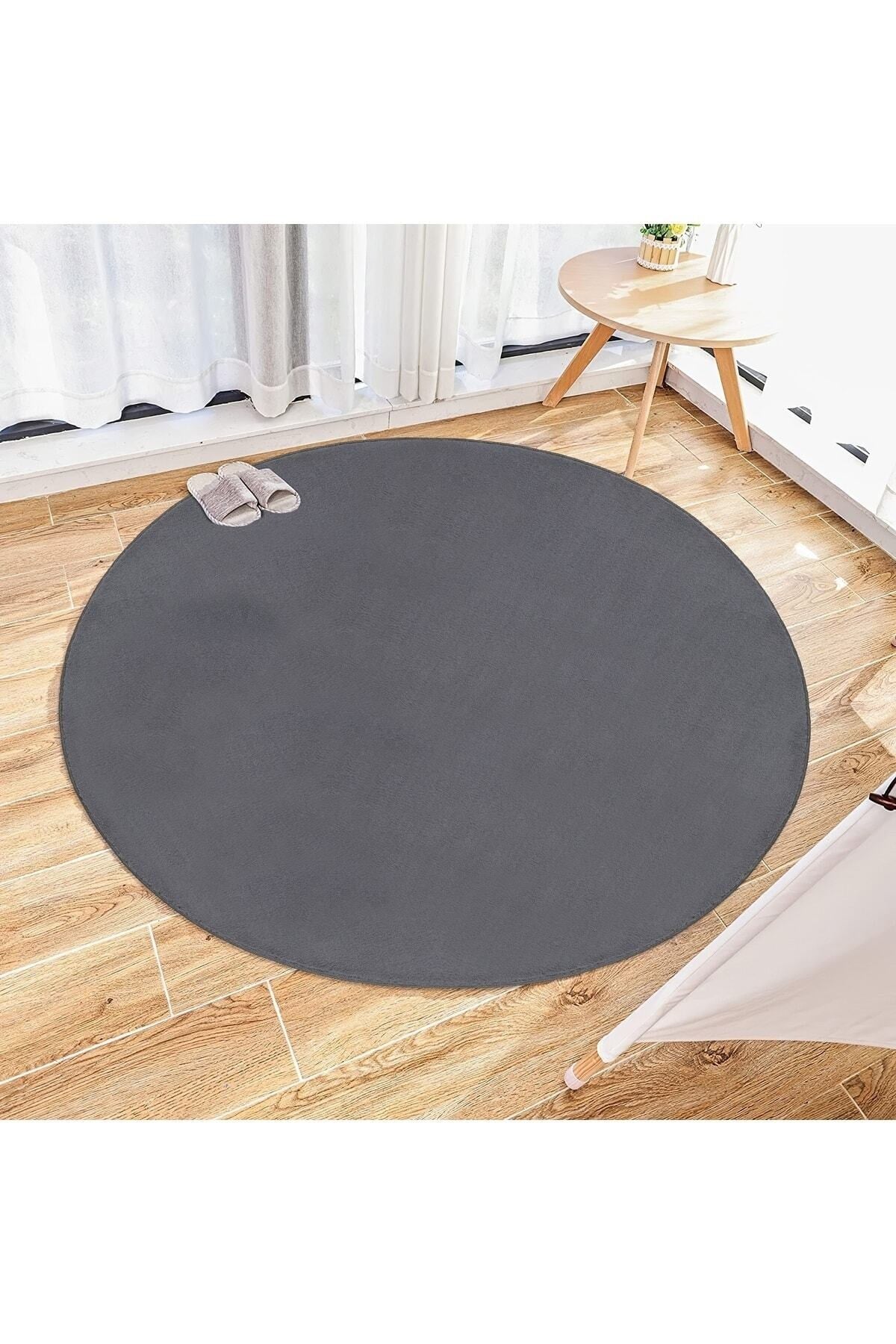 Vl Yuvarlak Comfort Overloklu Antrasit Peluş Halı