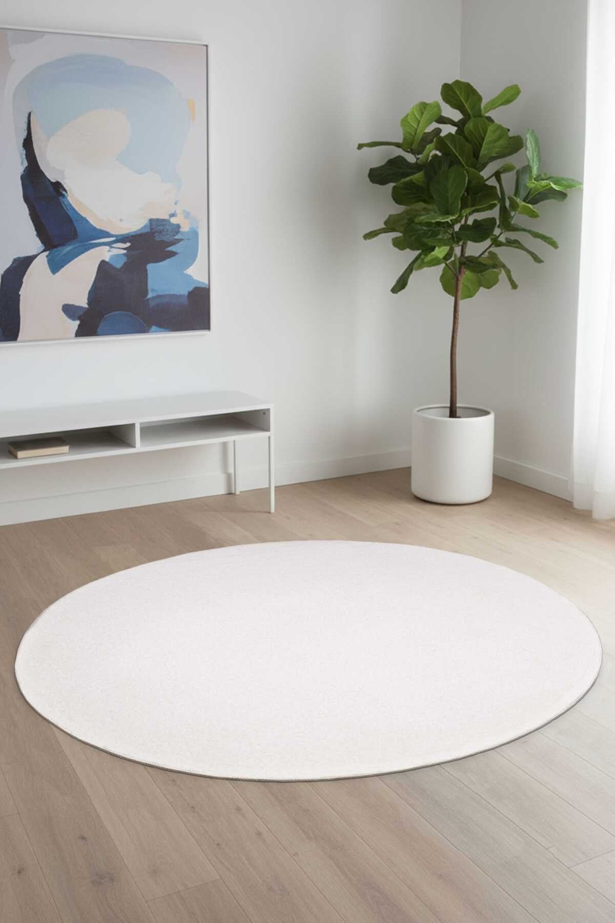 Vl Yuvarlak Comfort Overloklu Ekru Peluş Halı Yolluk