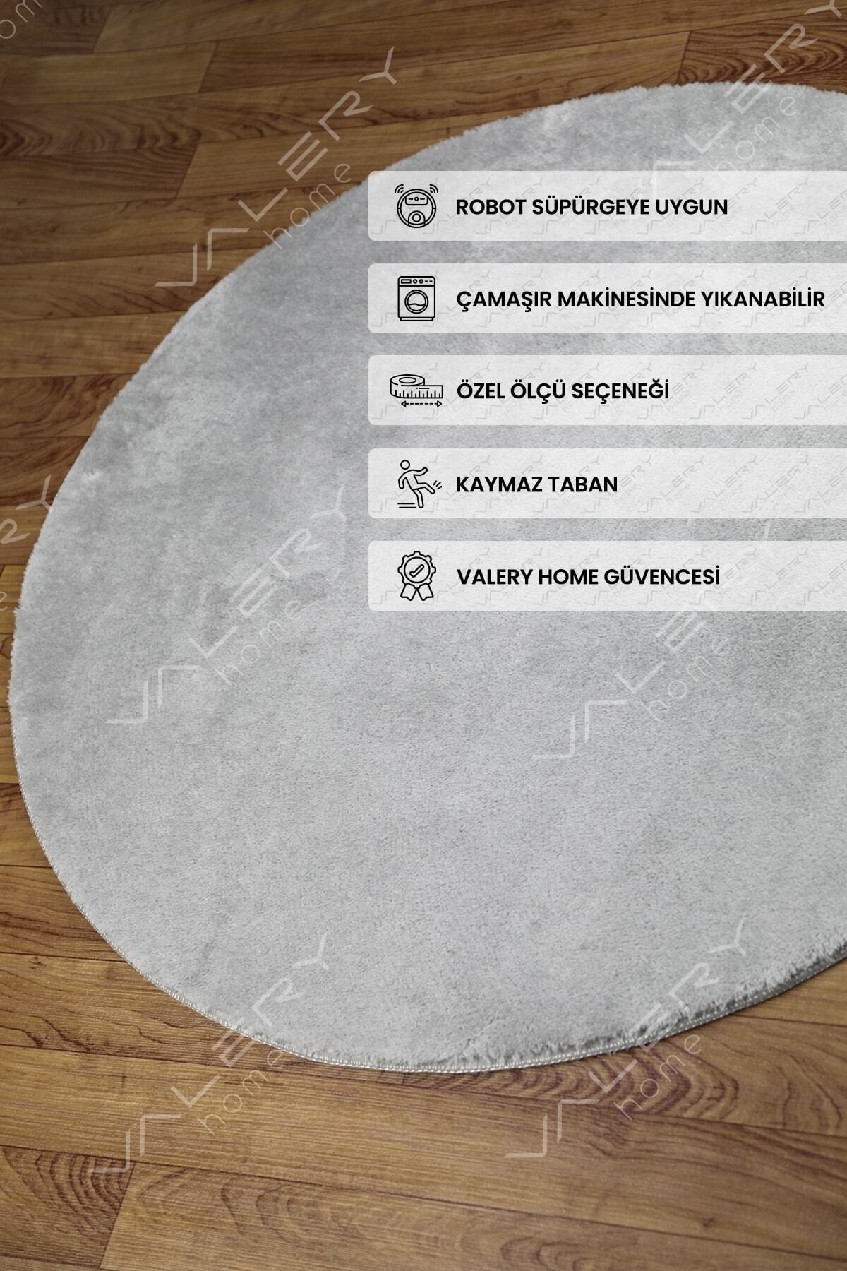 Vl Yuvarlak Comfort Overloklu Peluş Halı Gri