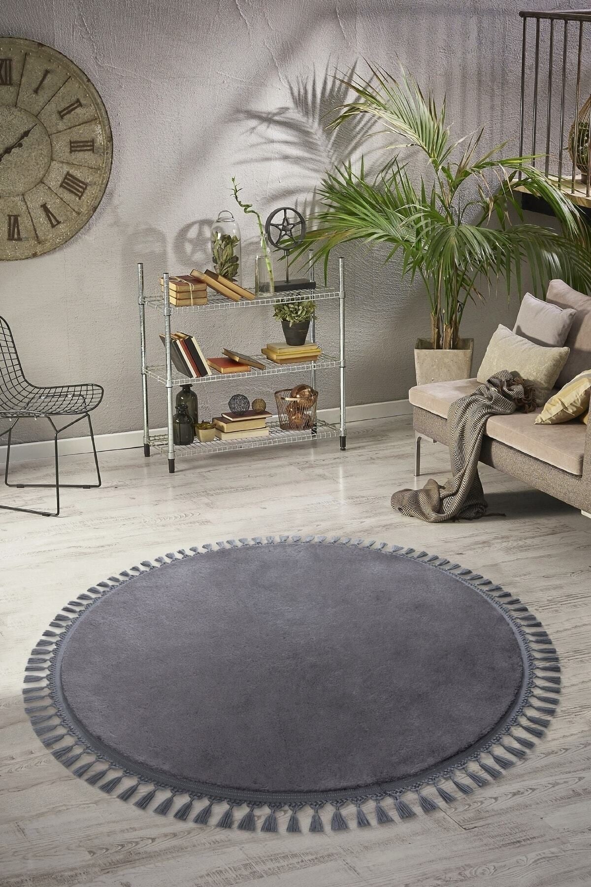 Vl Yuvarlak Comfort Ponpon Saçaklı Peluş Antrasit Yolluk Halı