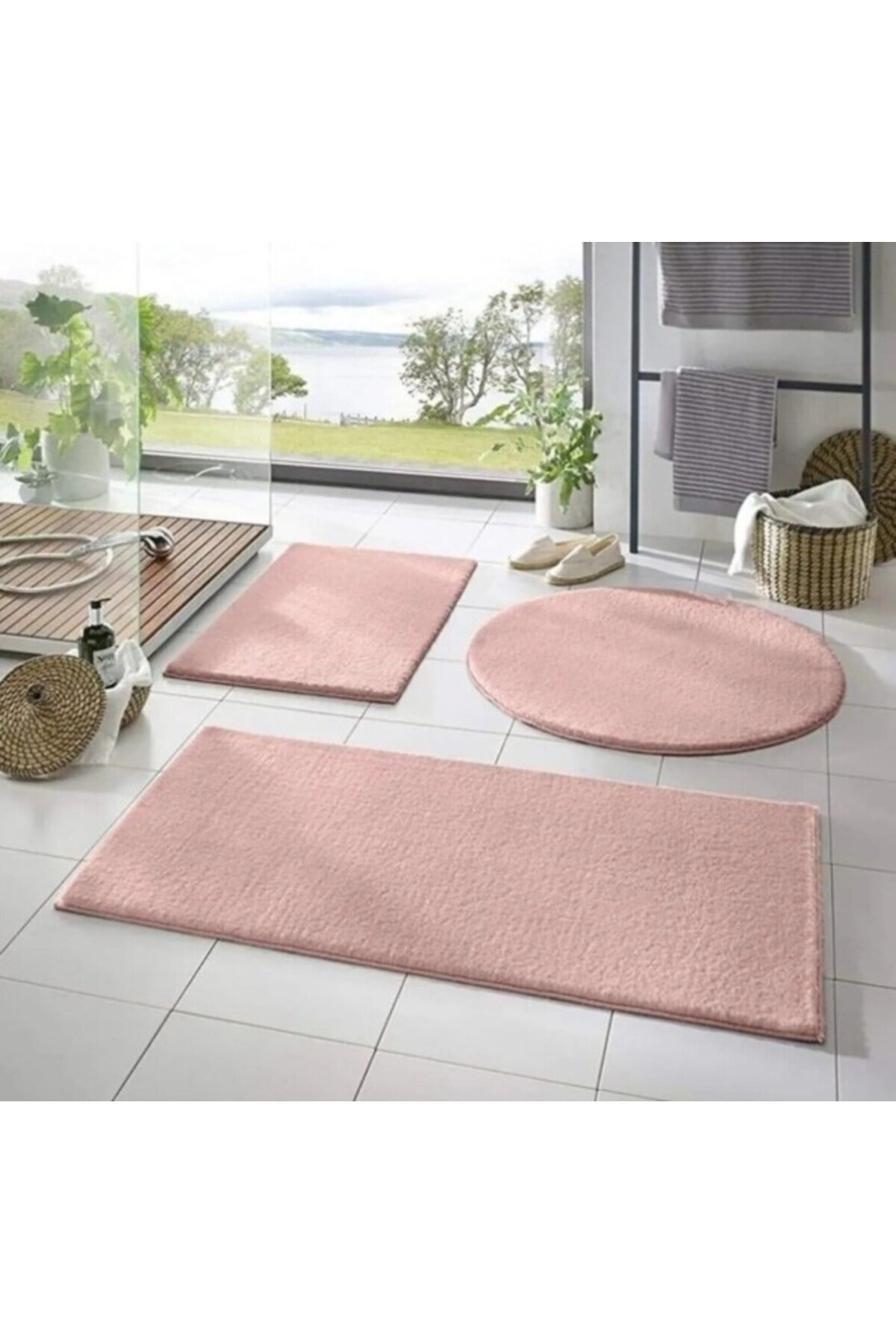 Yıkanabilir Kaymaz Taban Post Peluş Banyo Paspası Üçlü Takım Pembe
