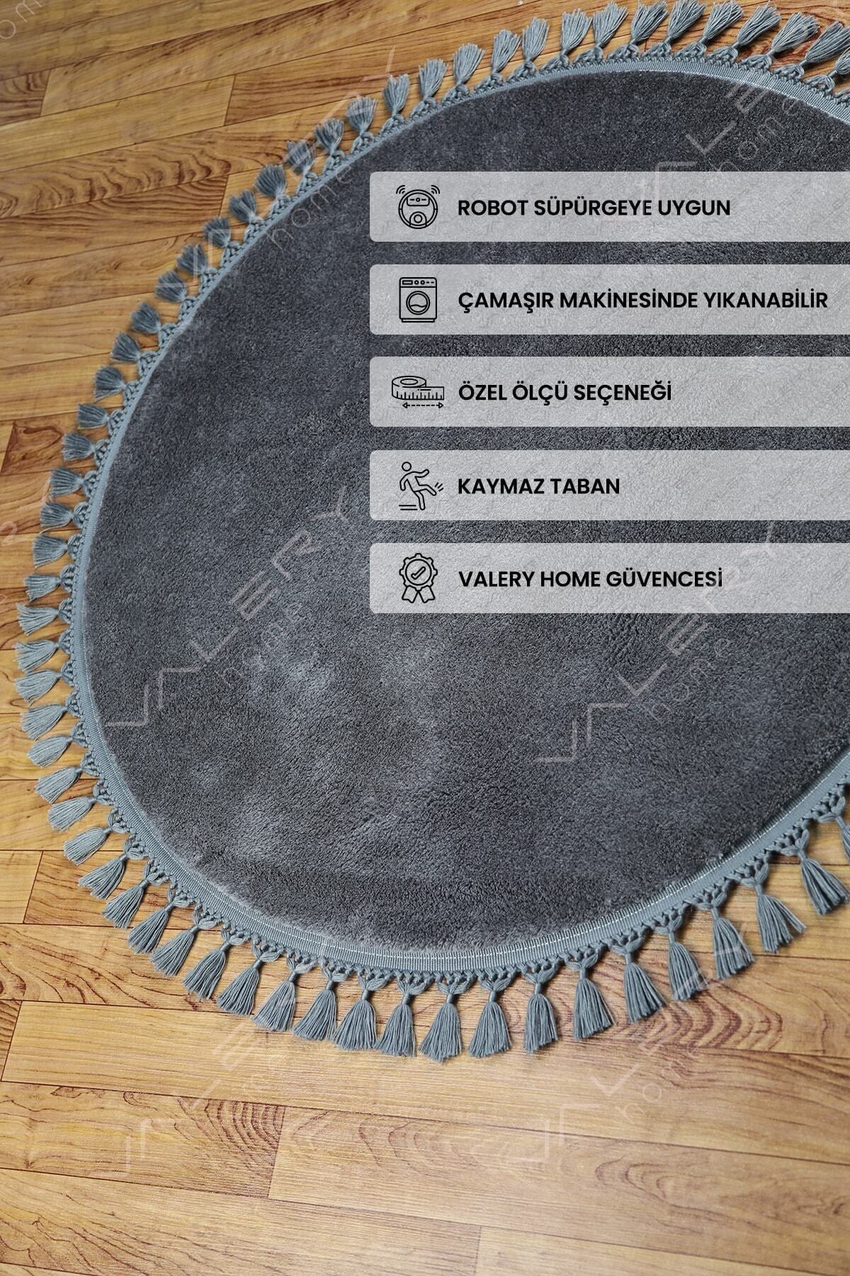 Yuvarlak Comfort Ponpon Saçaklı Peluş Halı Antrasit
