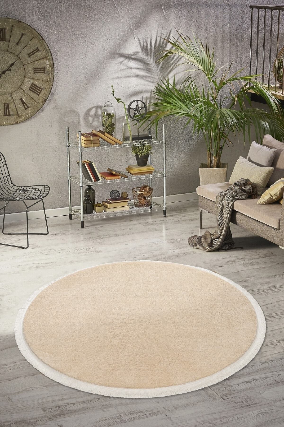 Yuvarlak Puffy Peluş Düz Saçaklı Kesme Rulo Halı/yolluk Bej Azl