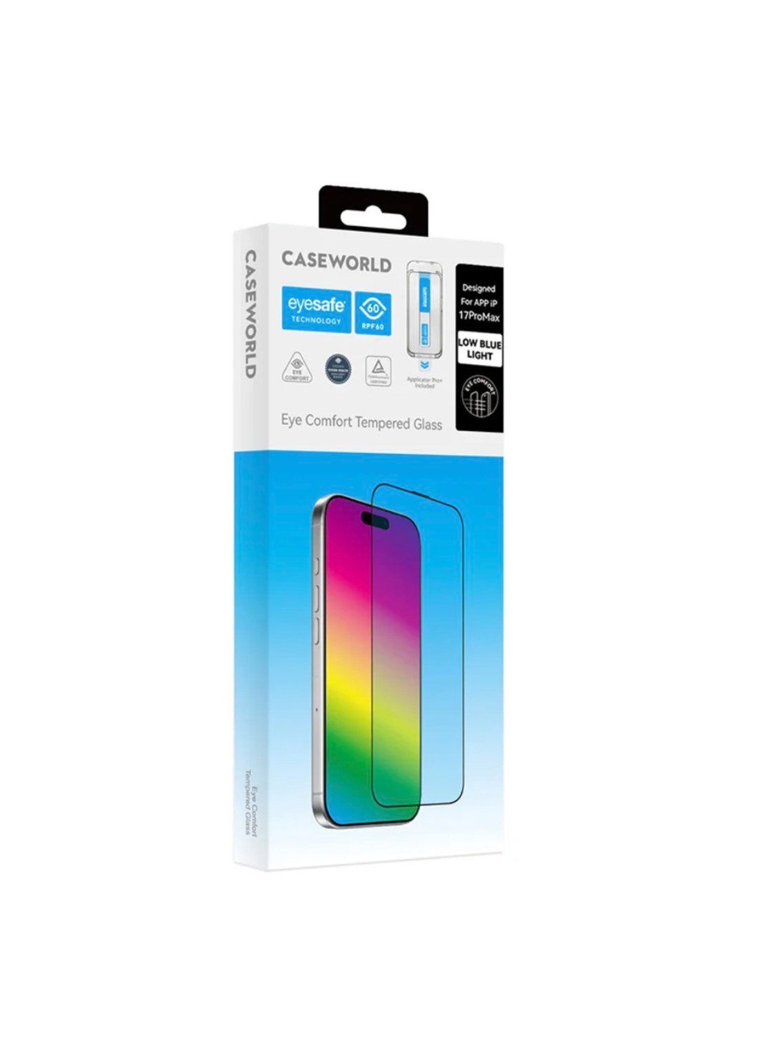 İphone 17 Pro Max CaseWorld Applicator Serisi2.5D Eyesafe Teknolojili Safir Kaplamalı,0.33m, Düşük Mavi Işık Temperli Cam Ekran Koruyucu